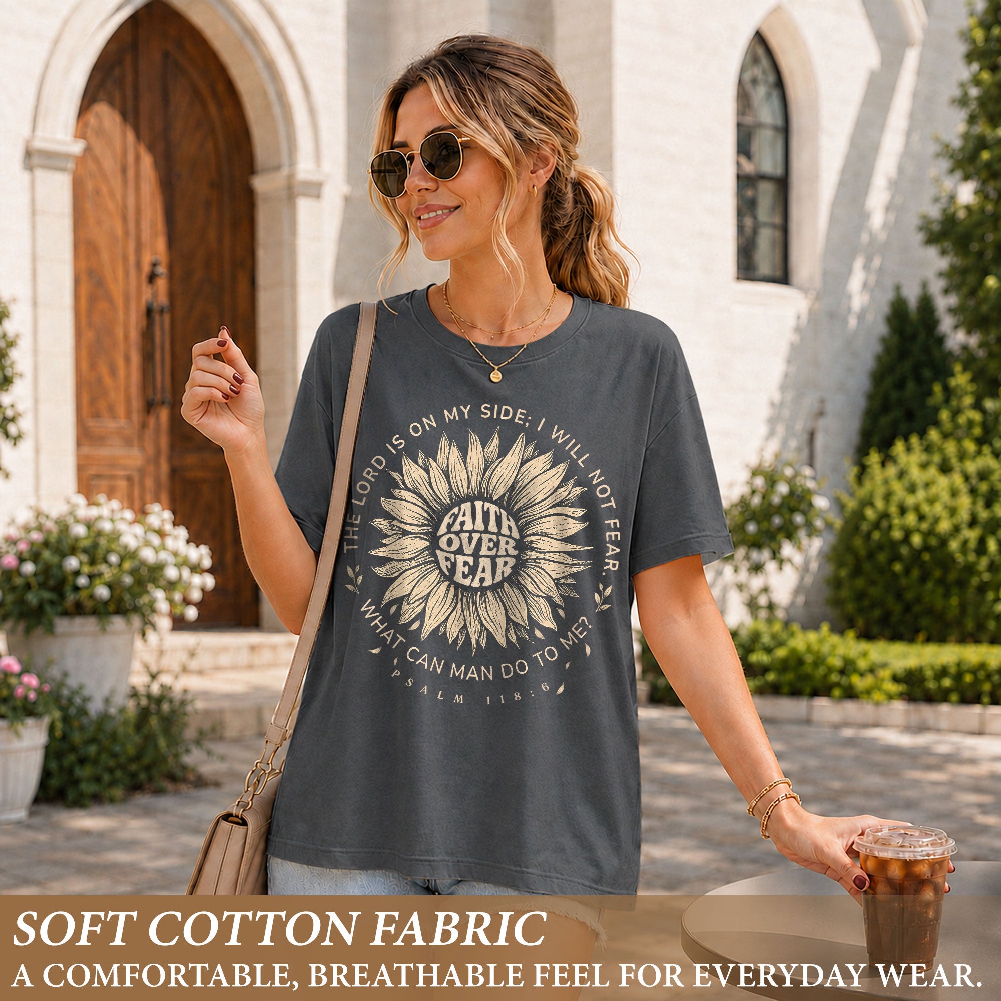 Faith Over Fear Sunflower Christian Women Shirt Inspirational Psalm Scripture Graphic Tee