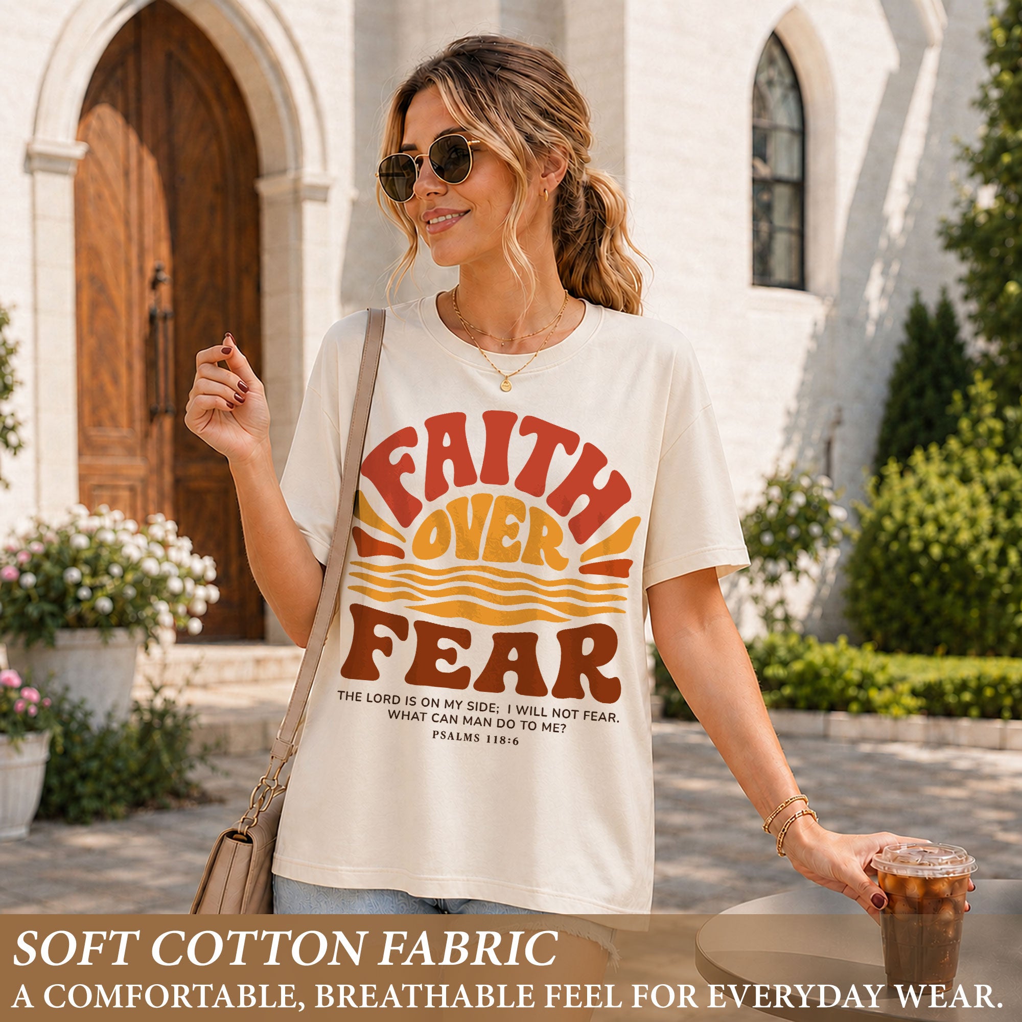 Faith Over Fear Christian Women Shirt Retro Sunset Graphic Inspirational Scripture Tee