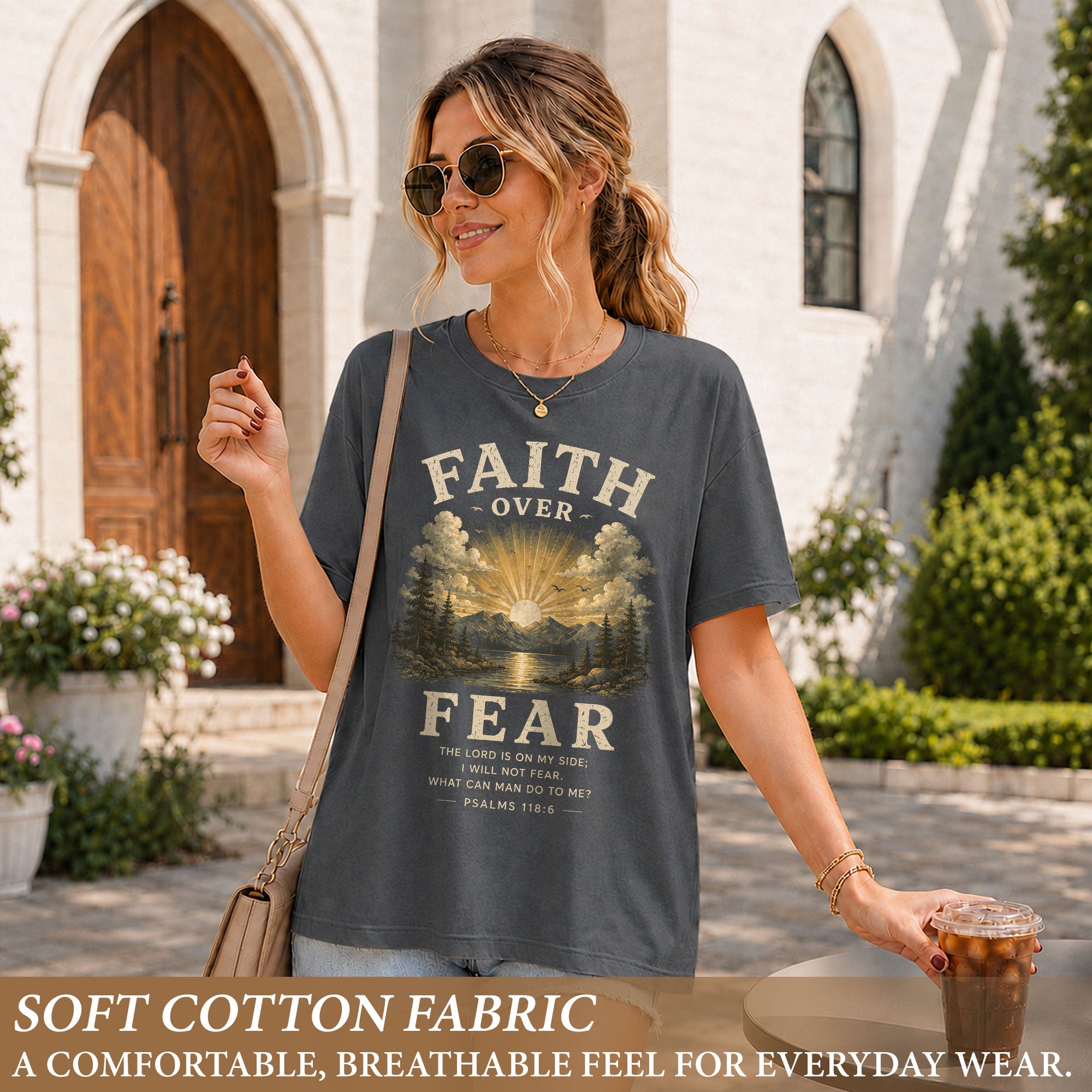 Faith Over Fear Christian Women Shirt Vintage Mountain Sunset Bible Verse T-Shirt