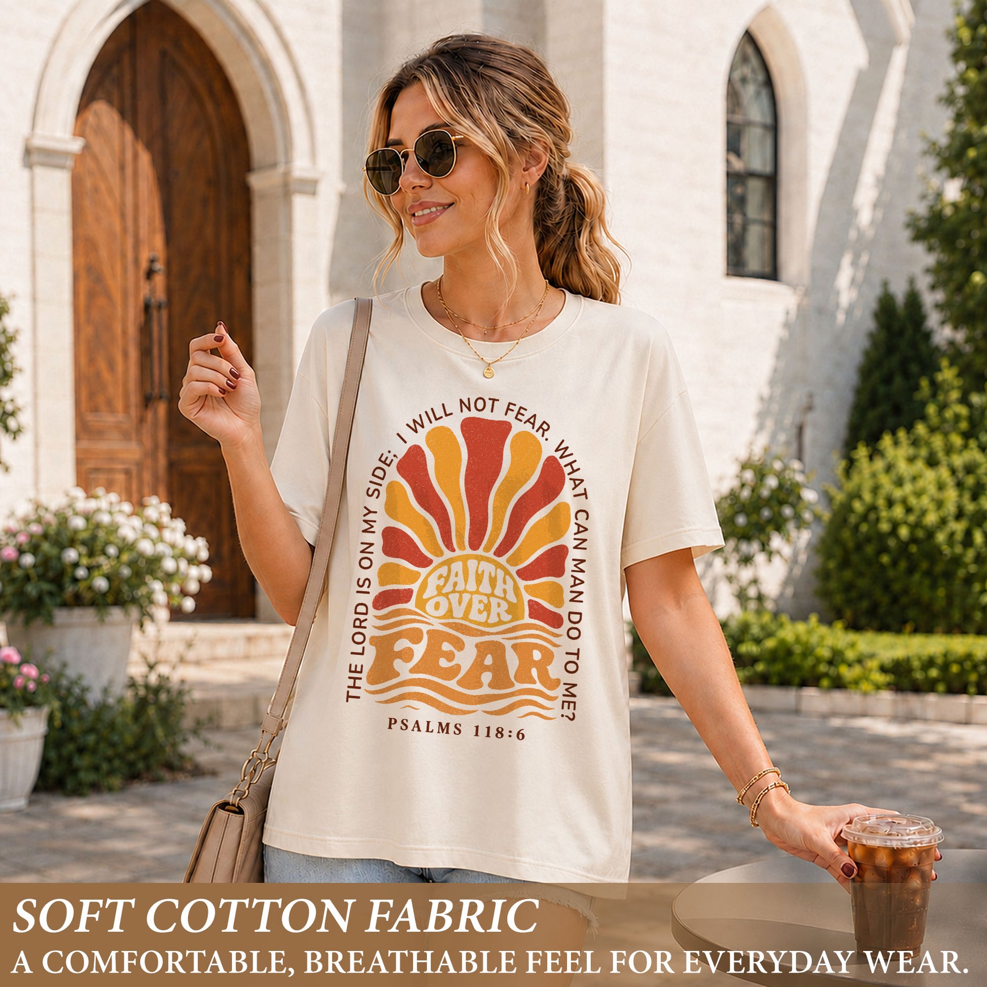 Faith Over Fear Christian Shirt Retro Sunburst Bible Verse Women T-Shirt Tee Gift - Rust Field Wear