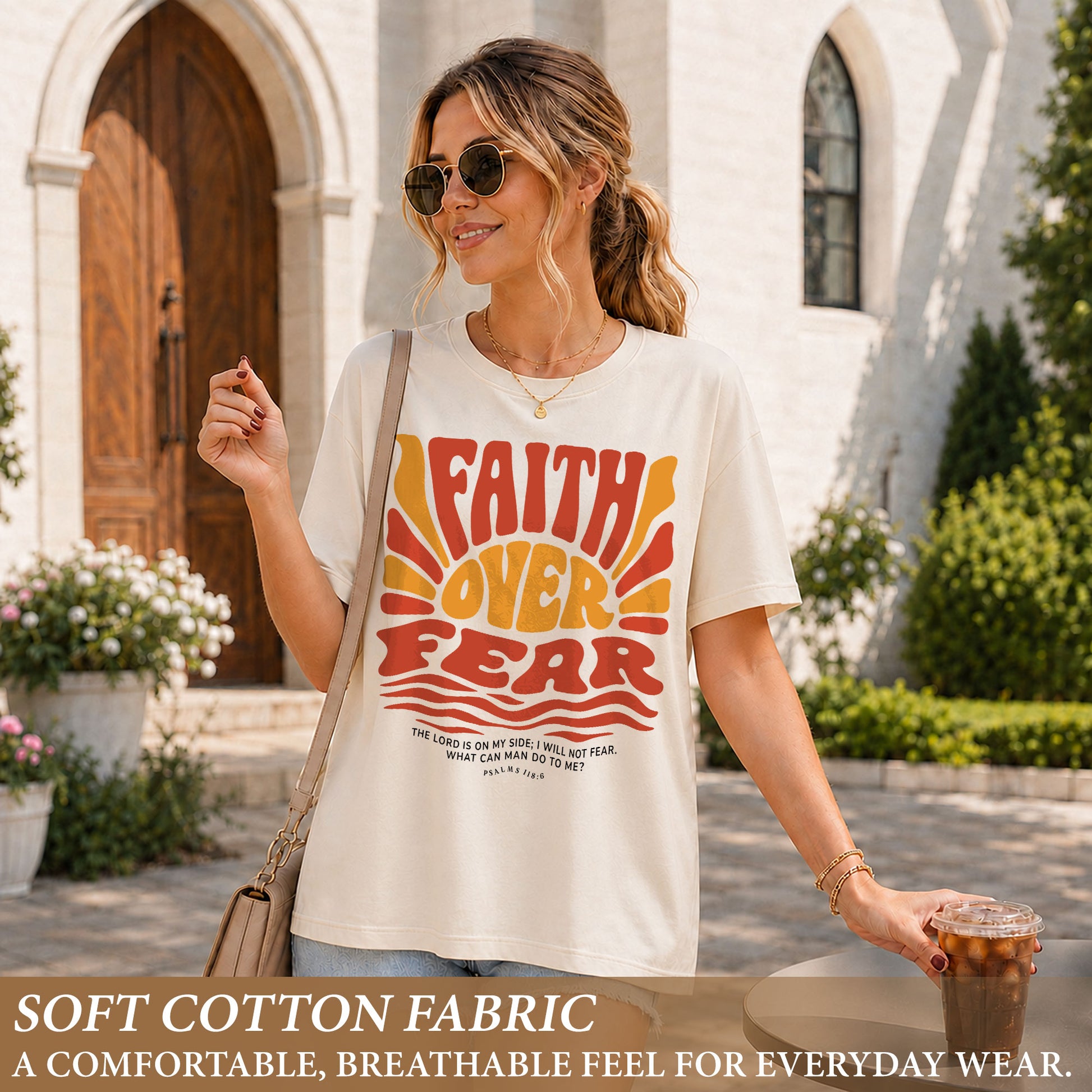 Faith Over Fear Christian Women Shirt Retro Wavy Font Graphic T-Shirt Psalms 118:6 - Rust Field Wear