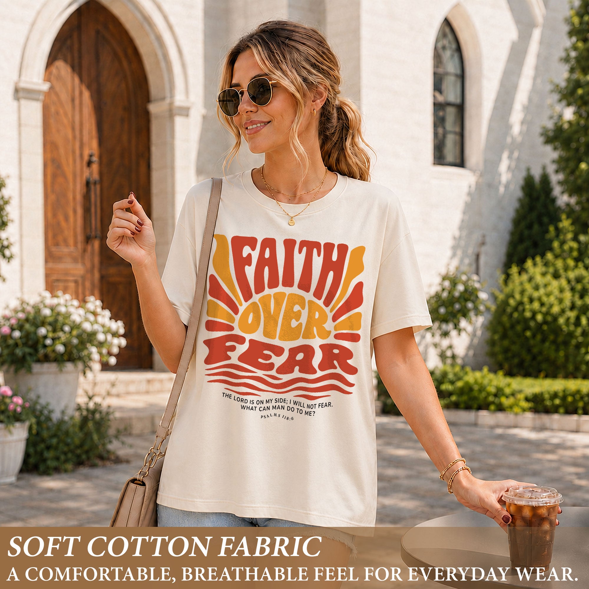 Faith Over Fear Christian Women Shirt Retro Wavy Font Graphic T-Shirt Psalms 118:6 - Rust Field Wear