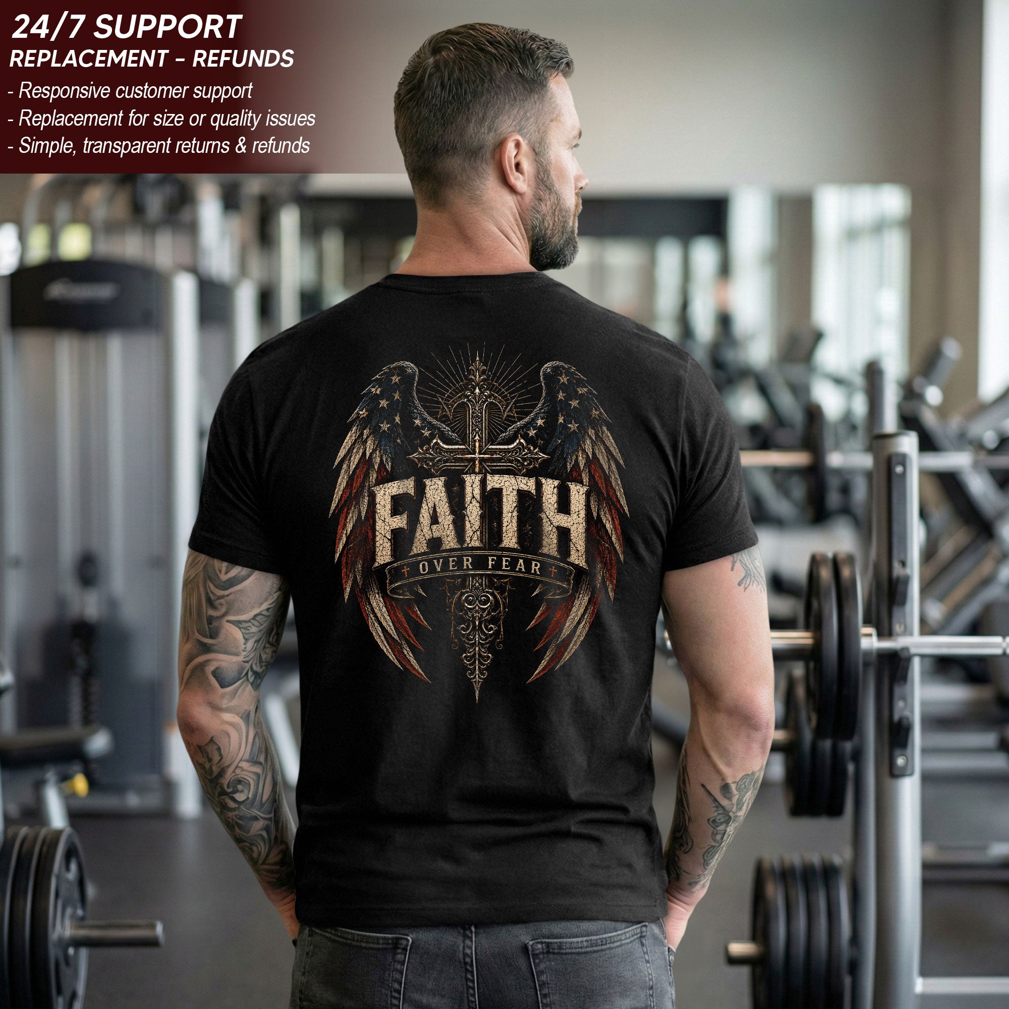 Faith Over Fear T Shirt American Flag Wings Cross Religious Apparel Tee Top Unisex
