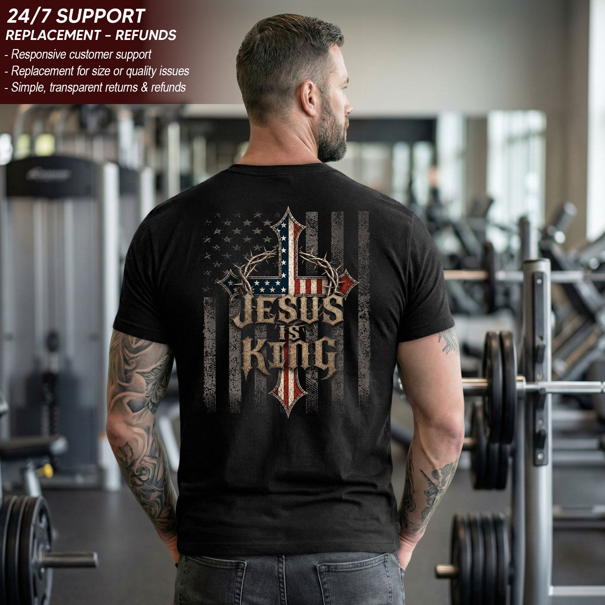 Jesus Is King T Shirt American Flag Cross Crown of Thorns Christian Faith Tee Apparel