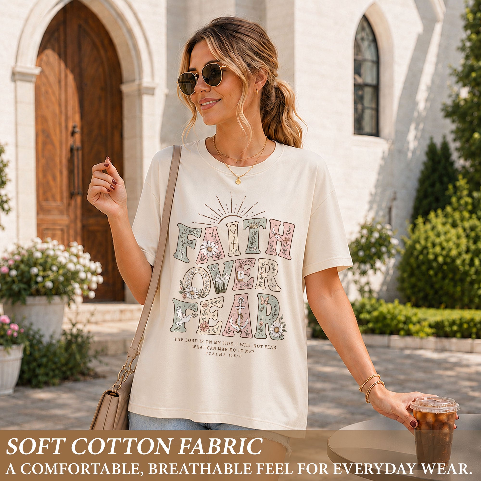 Faith Over Fear Psalms Scripture Christian Graphic Oversized Tee Shirt For Women
