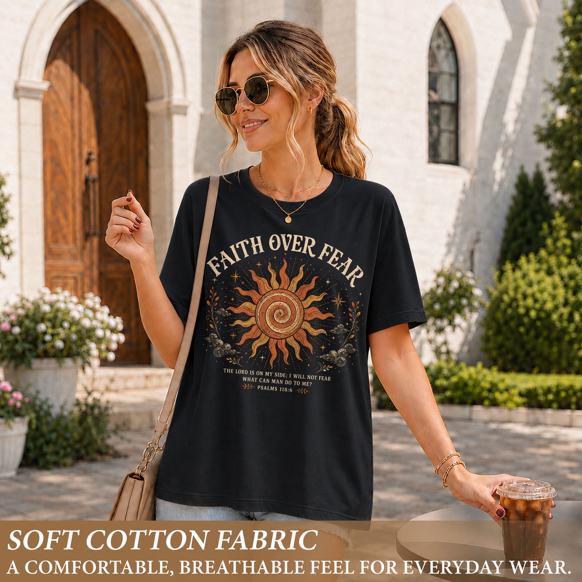 Faith Over Fear T Shirt Christian Women Sun Clouds Psalms 118 6 Religious Tee Top