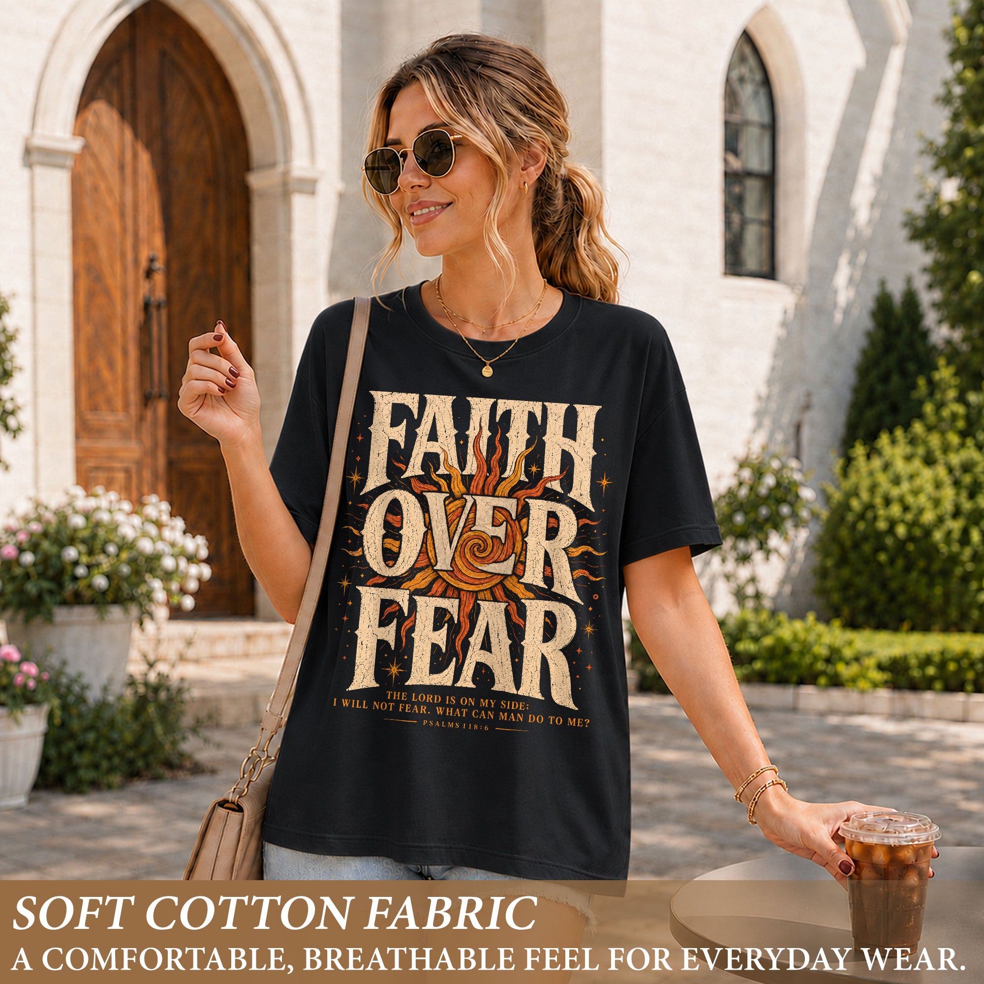 Faith Over Fear T Shirt Christian Women Big Bold Sun Psalm 118 6 Religious Tee Top