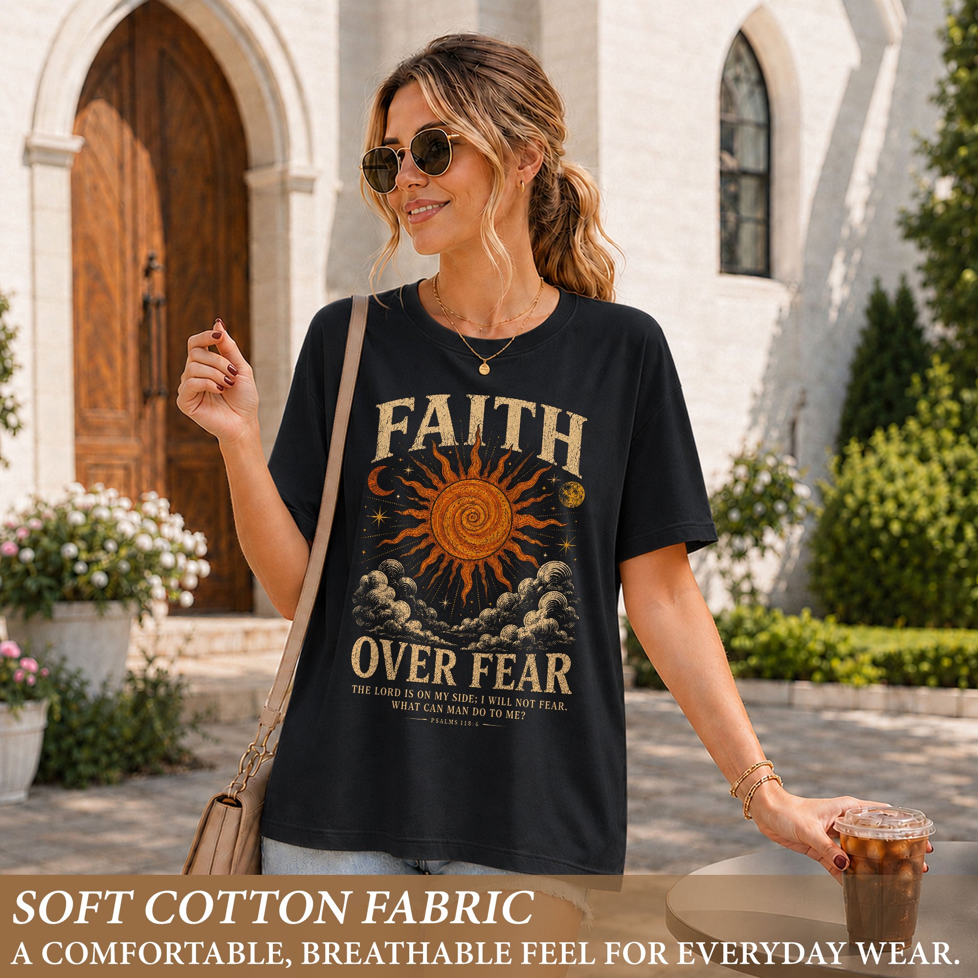 Faith Over Fear T Shirt Christian Women Sun Moon Clouds Psalm 118 6 Religious Tee