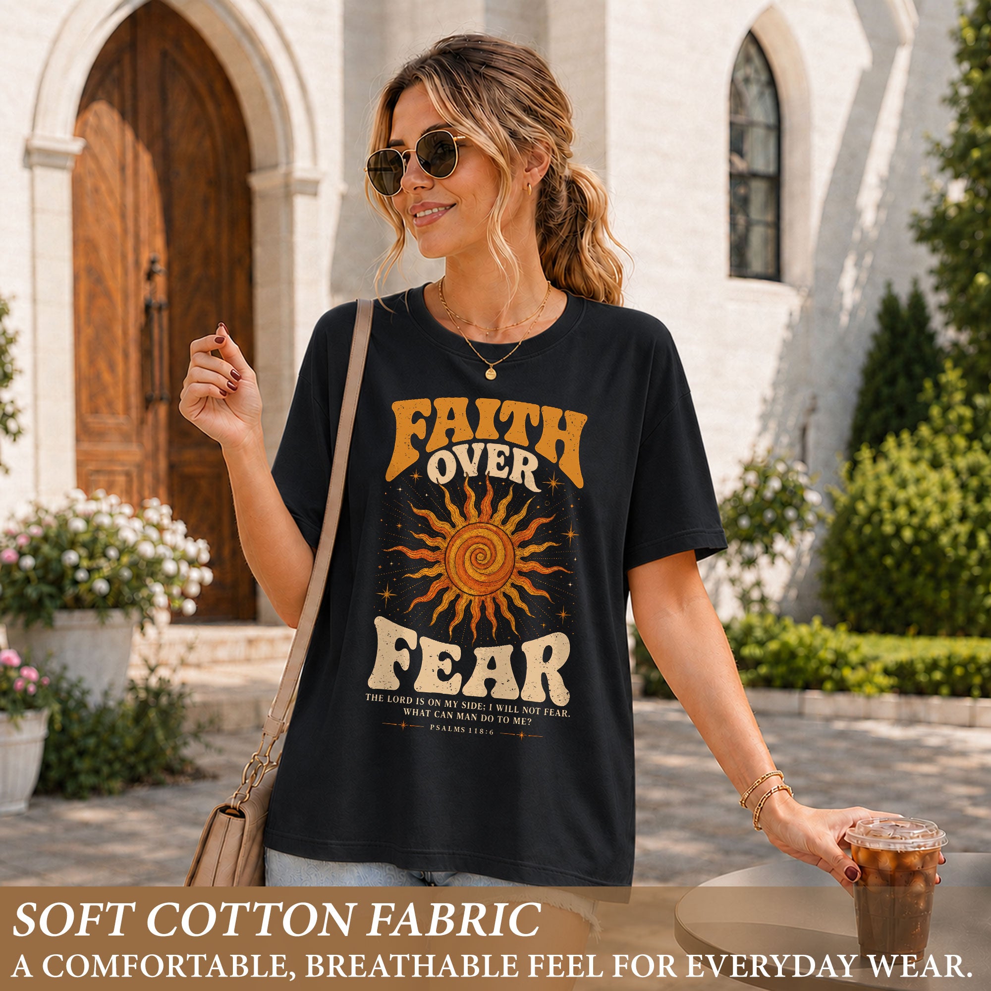 Faith Over Fear T Shirt Christian Women Retro Sun Stars Psalm 118 6 Religious Tee