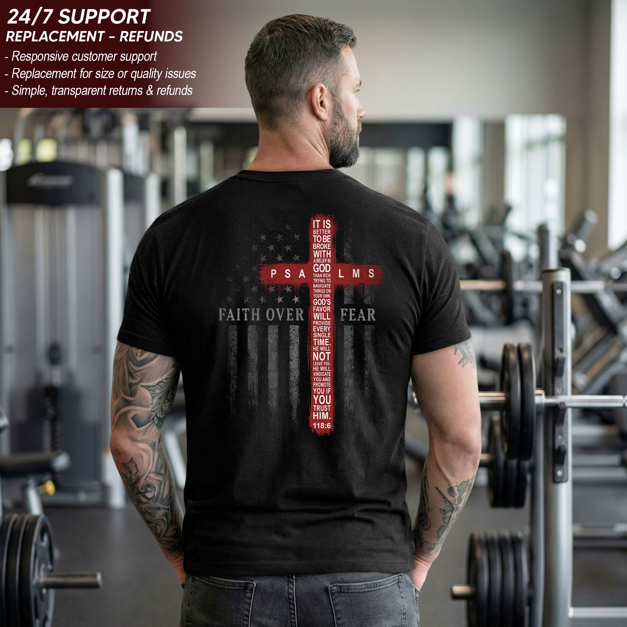 Patriotic Faith Over Fear American Flag Cross Psalms 118 6 Christian T Shirt Apparel - Rust Field Wear
