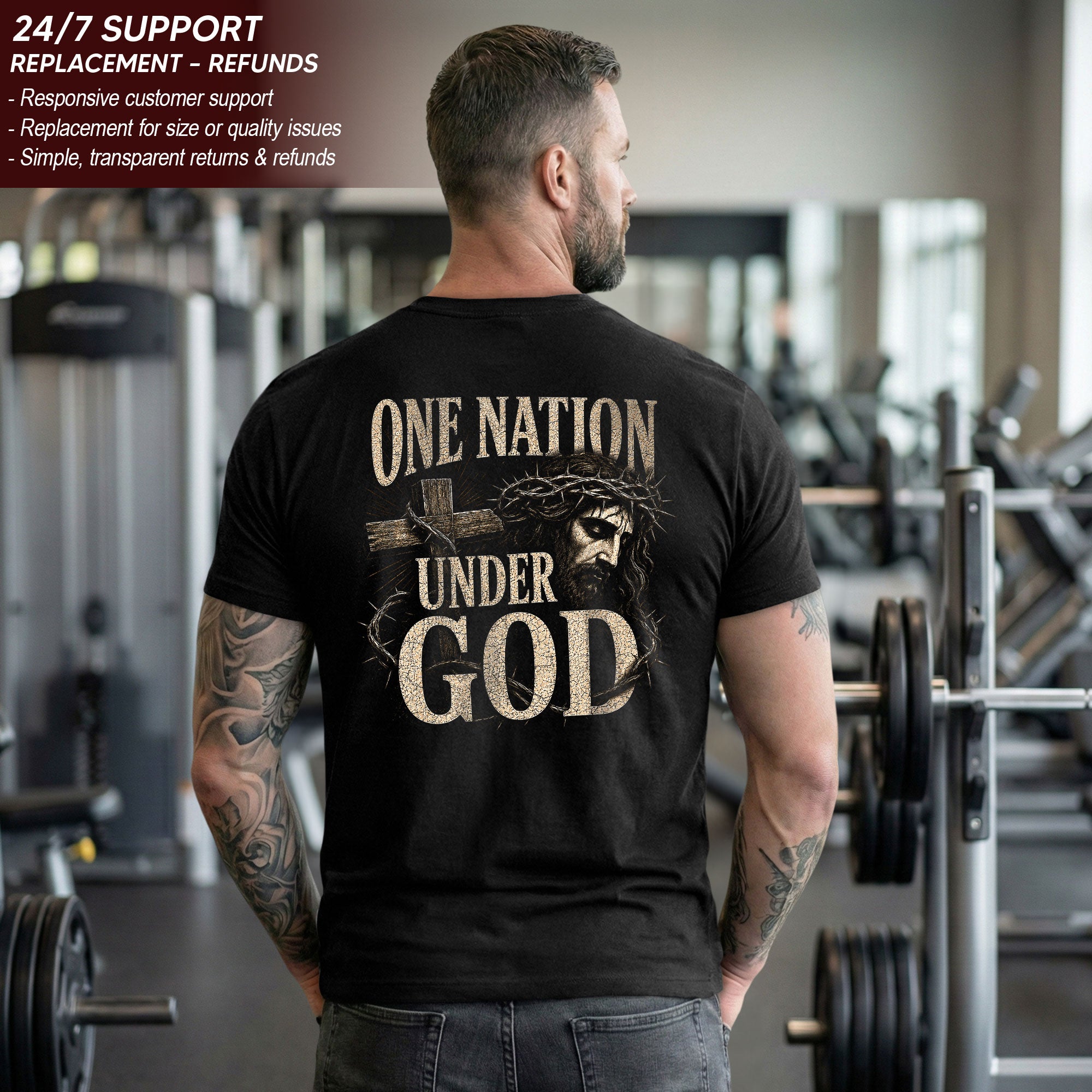 One Nation Under God Shirt Patriotic Christian Men Shirt Jesus Crown Of Thorns Cross Tee