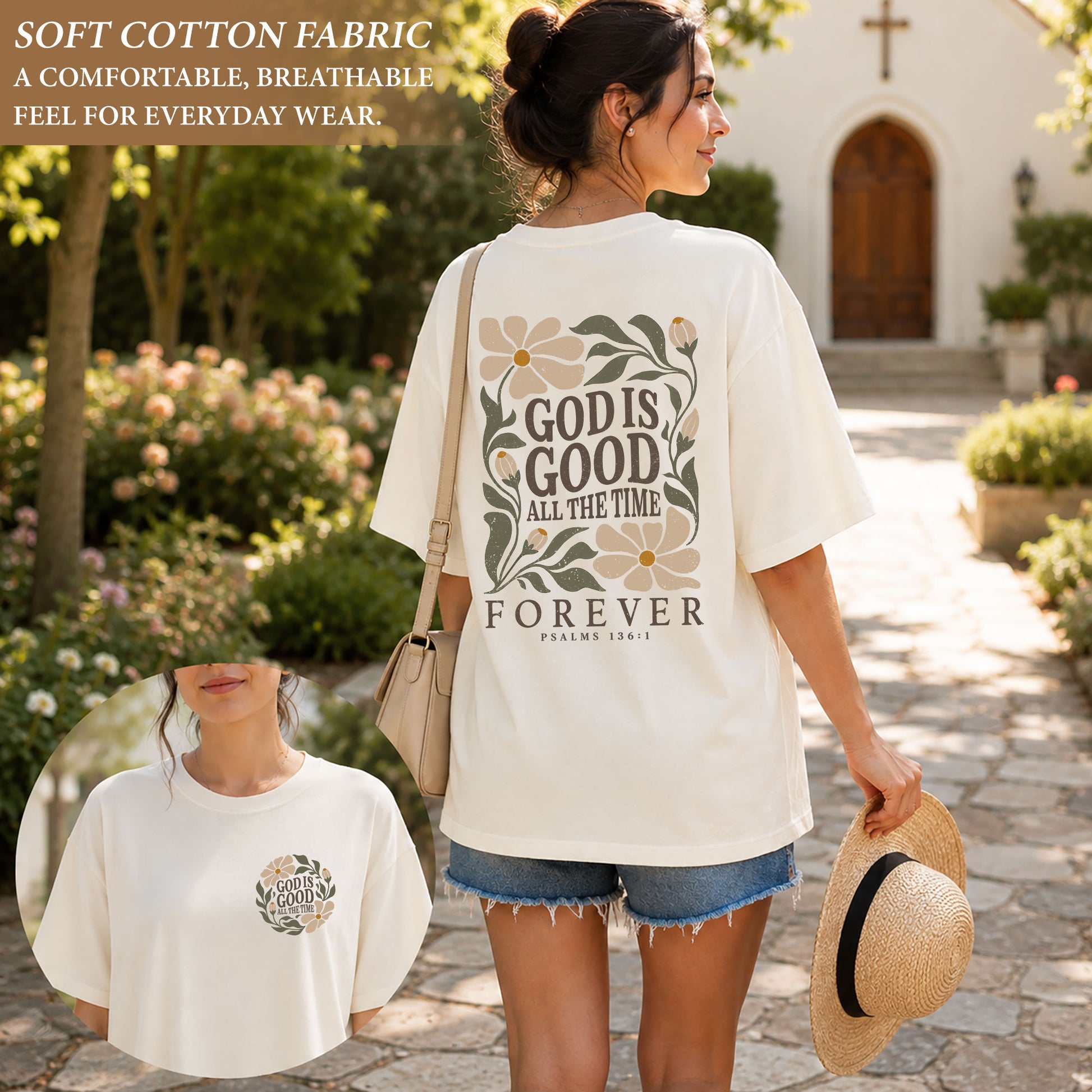 God Is Good All The Time Forever Floral Psalms 136 1 Christian T Shirt Apparel Women - Rust Field Wear