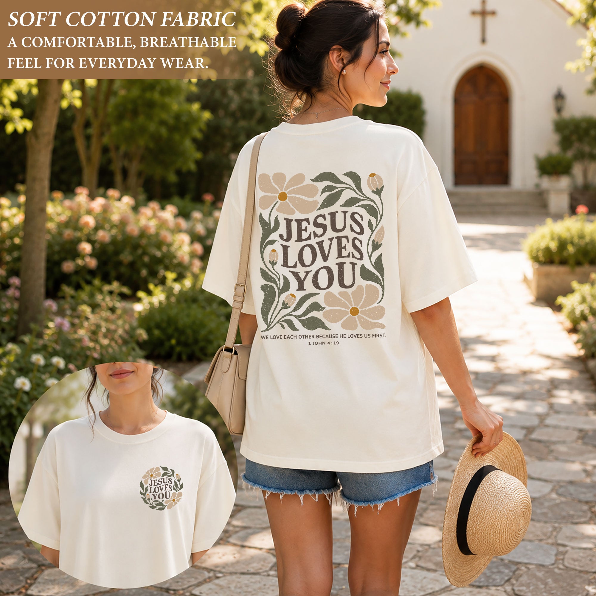 Jesus Loves You Retro Floral 1 John 4 19 Scripture Christian T Shirt Apparel Women - Rust Field Wear