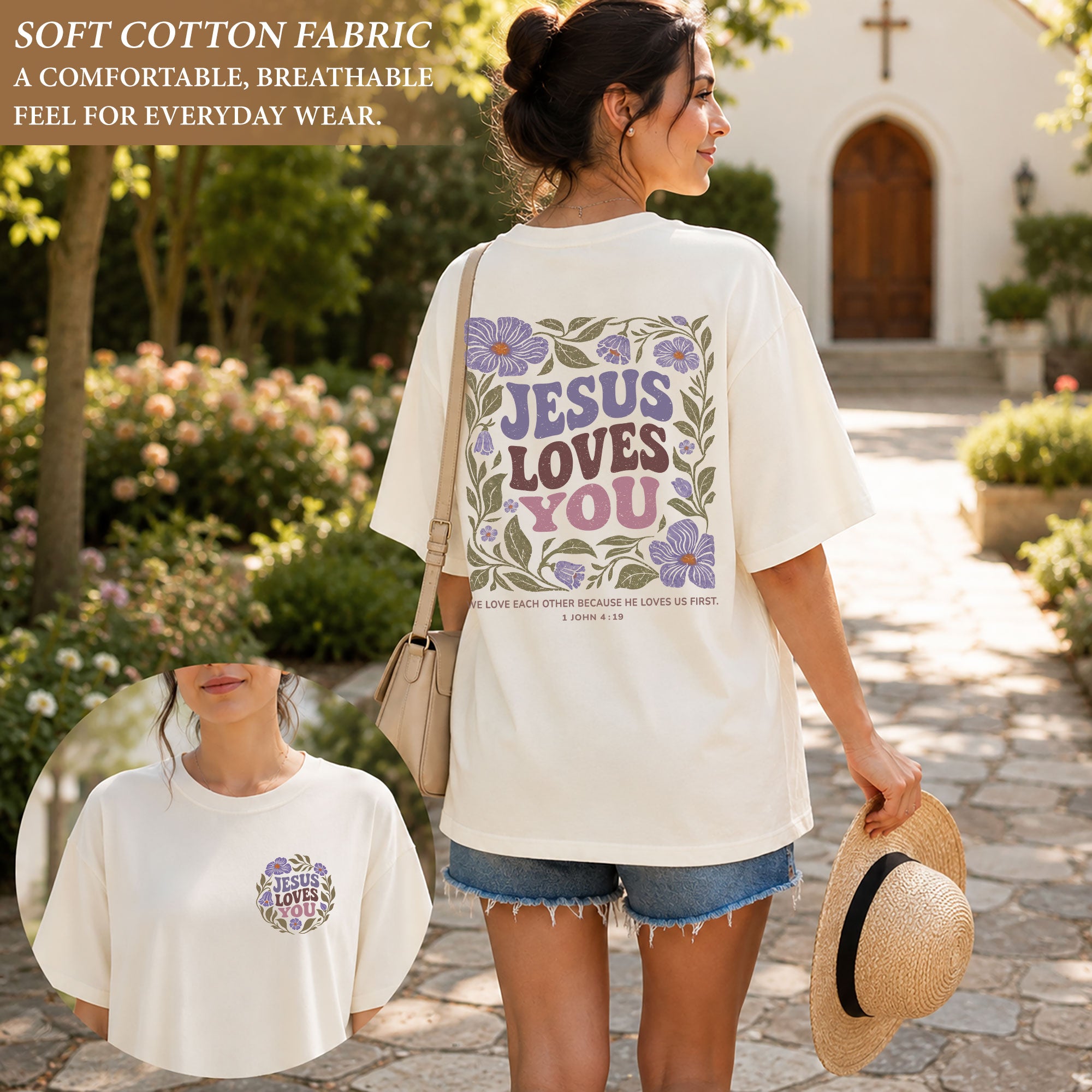 Jesus Loves You Retro Purple Floral 1 John 4 19 Christian T Shirt Apparel Women Top - Rust Field Wear