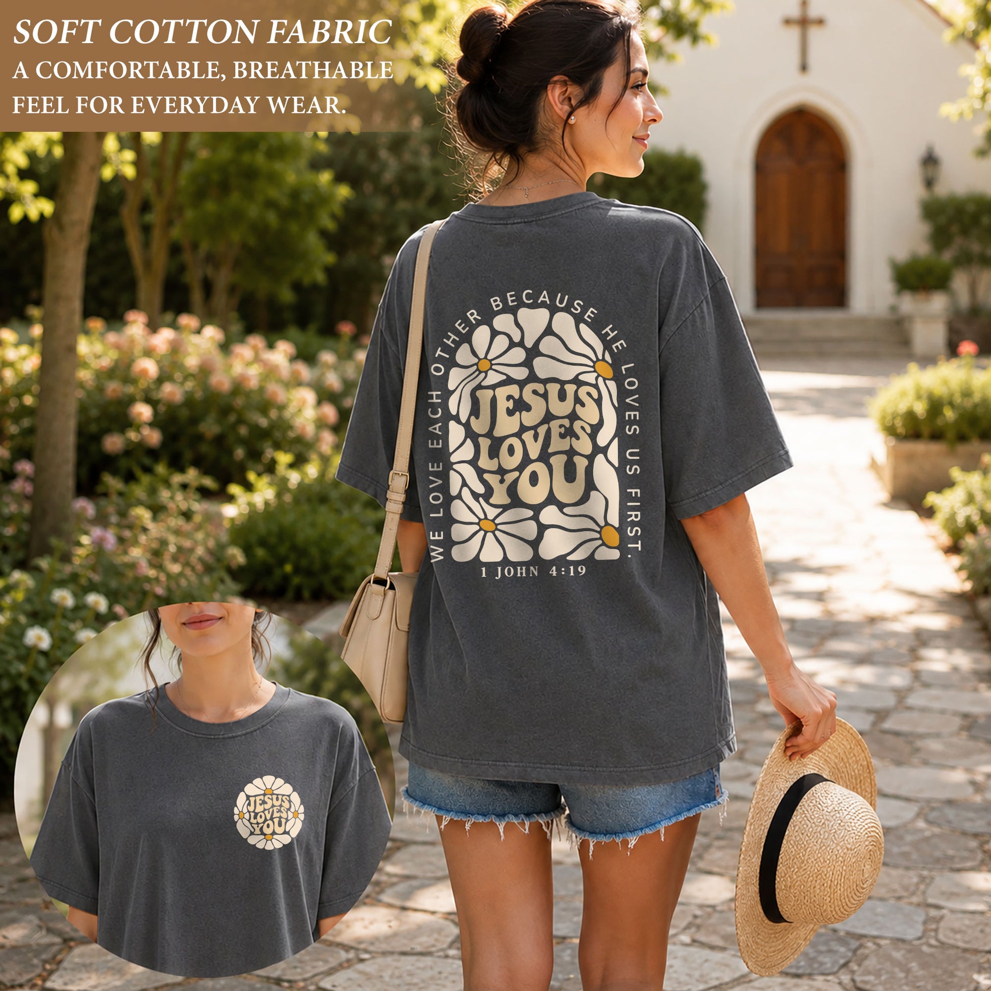 Jesus Loves You Retro Daisy Floral 1 John 4 19 Scripture Christian T Shirt Apparel Women - Rust Field Wear