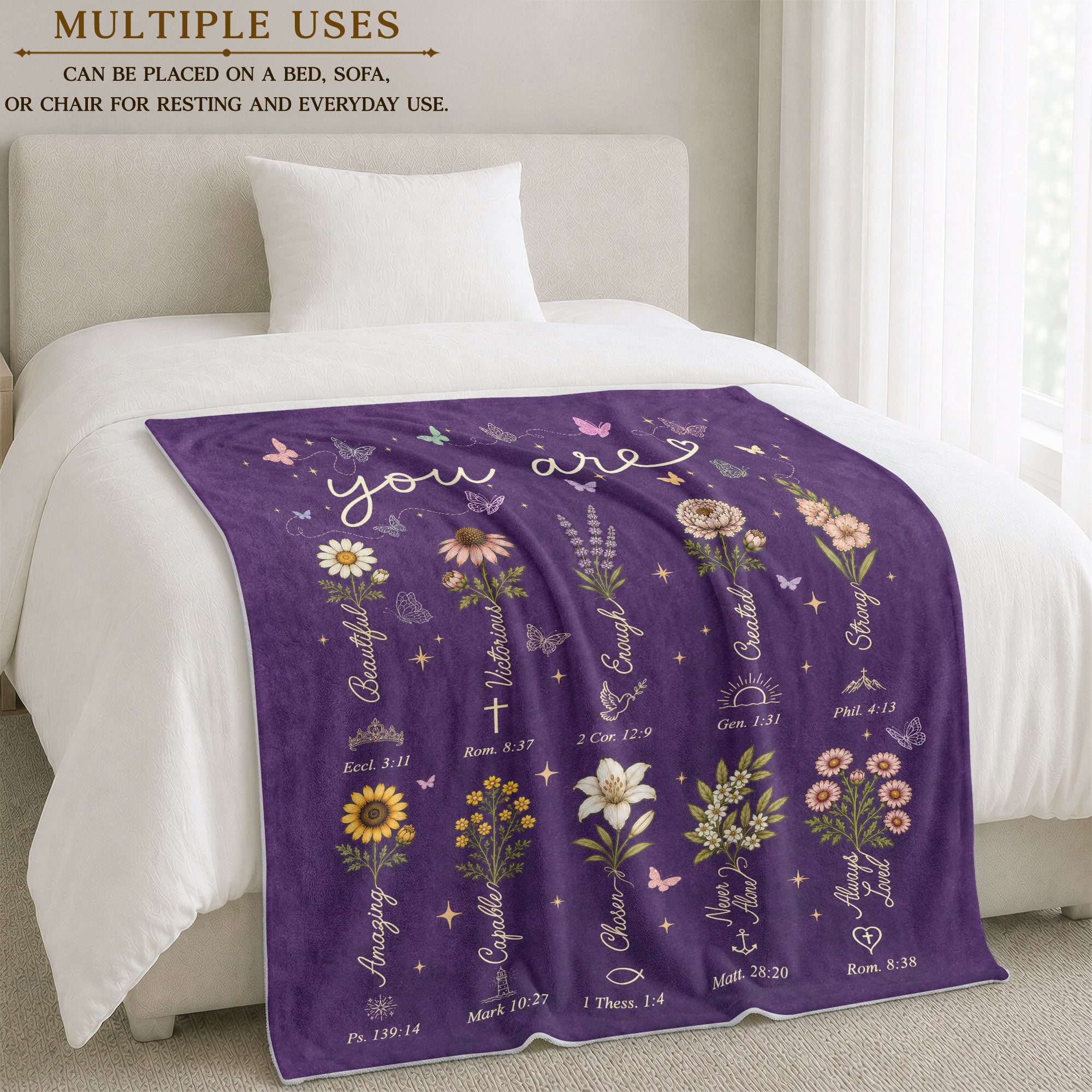 God Says You Are Blanket Purple Floral Christian Scripture Flannel Throw Blanket