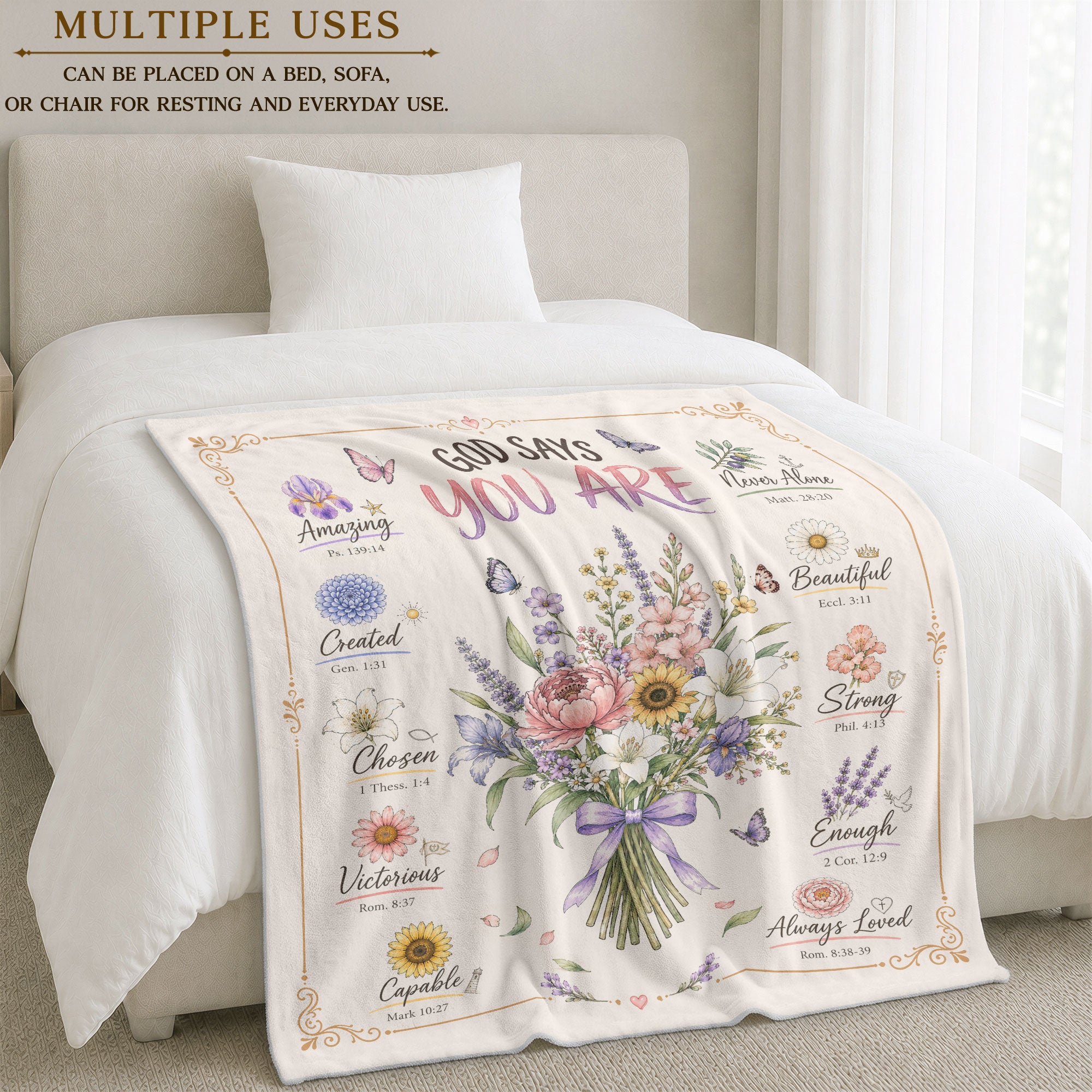 God Says You Are Blanket Christian Scripture Floral Fleece Throw Blanket Decoration