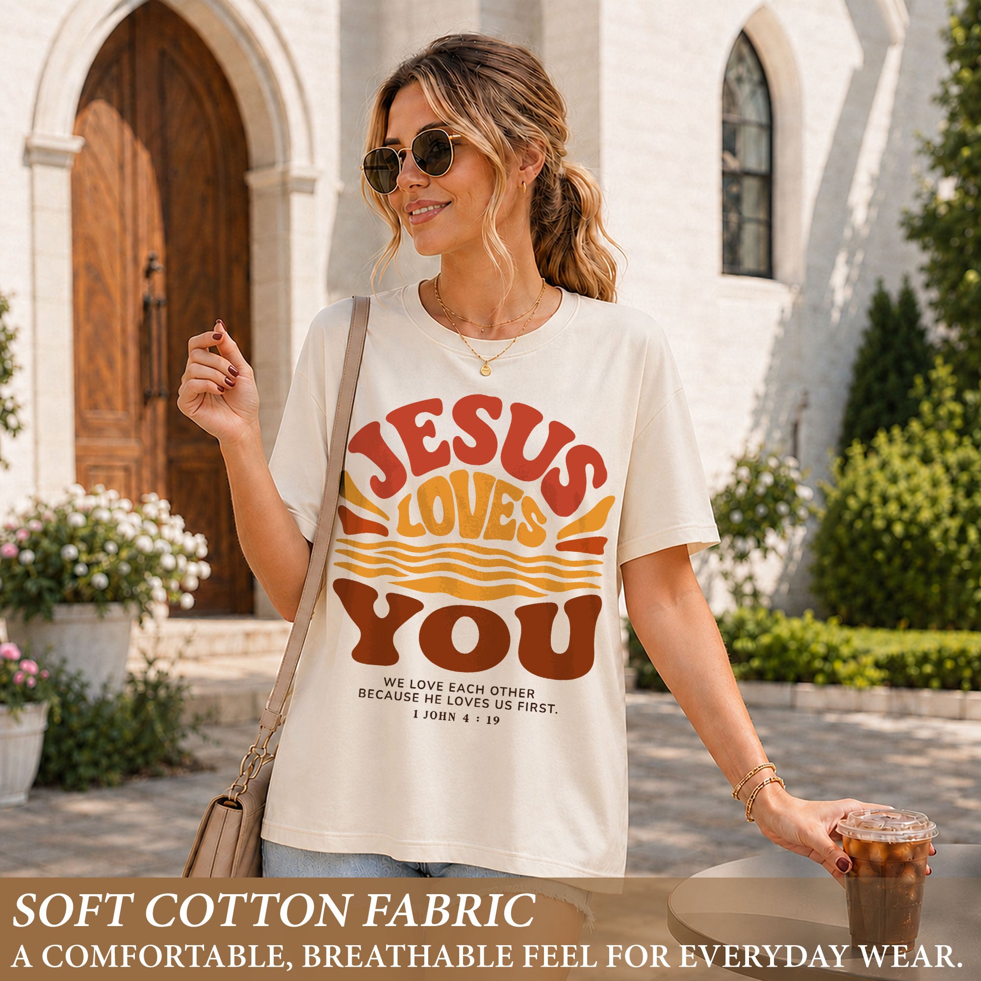 Jesus Loves You Shirt Sunset Wavy 70s Christian Bible Verse 1 John 4 19 Graphic Tee