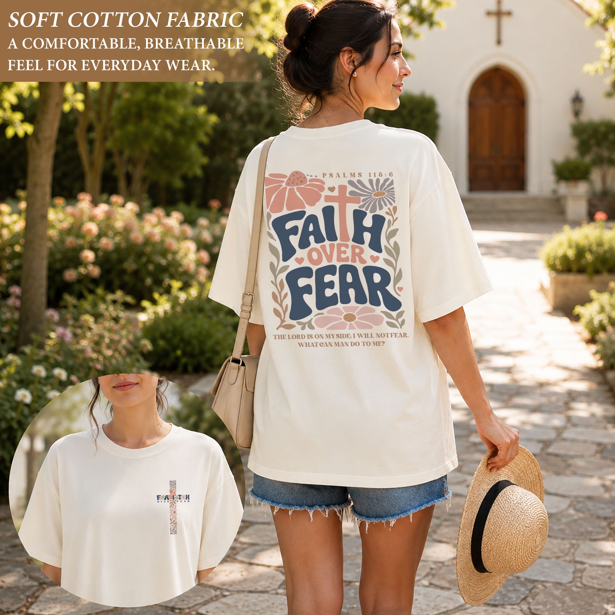 Faith Over Fear Shirt Christian Women Floral Cross Shirt Retro Psalm 118 Bible Verse Tee