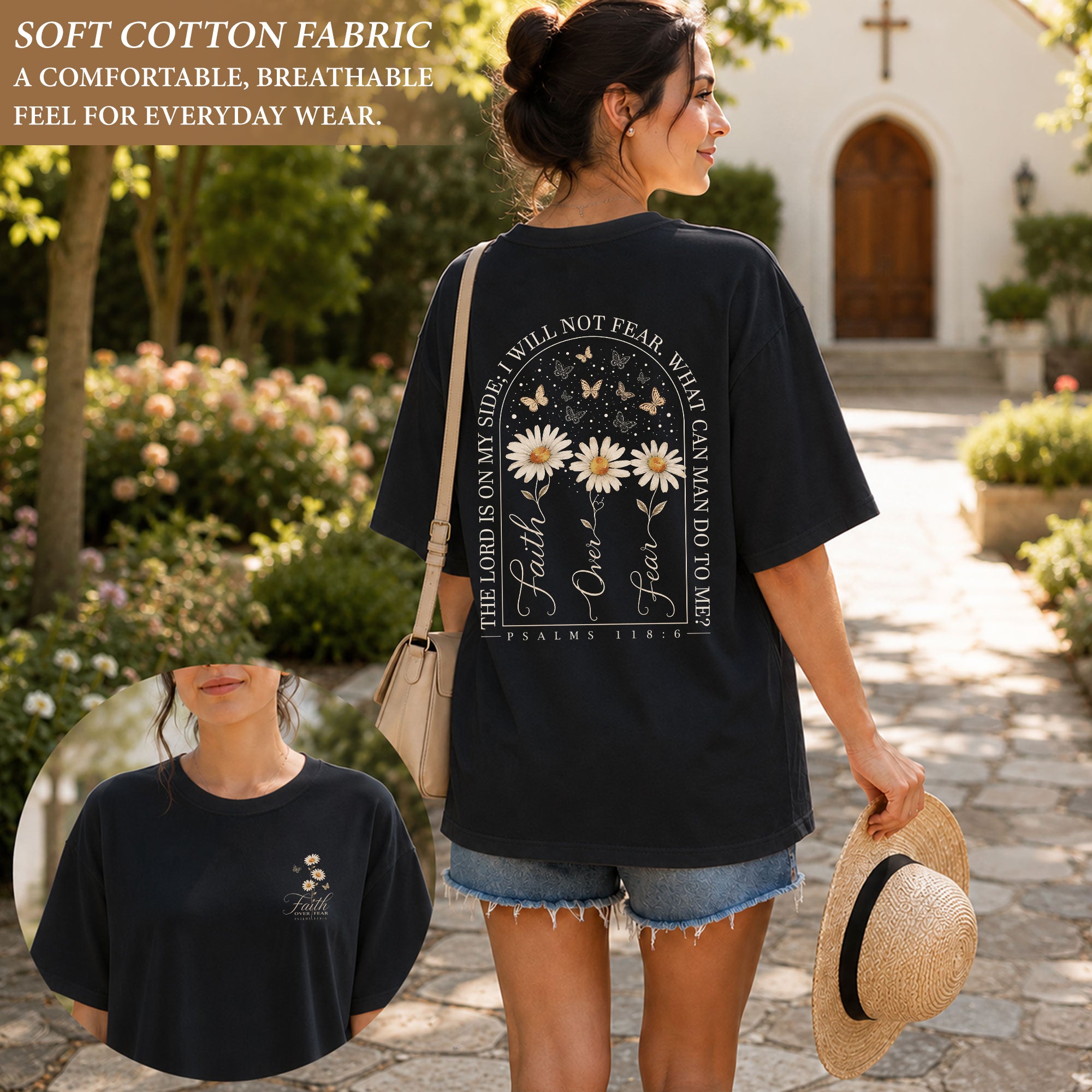 Faith Over Fear Shirt Christian Women Daisy Butterfly Shirt Psalm 118 Bible Verse Floral Tee