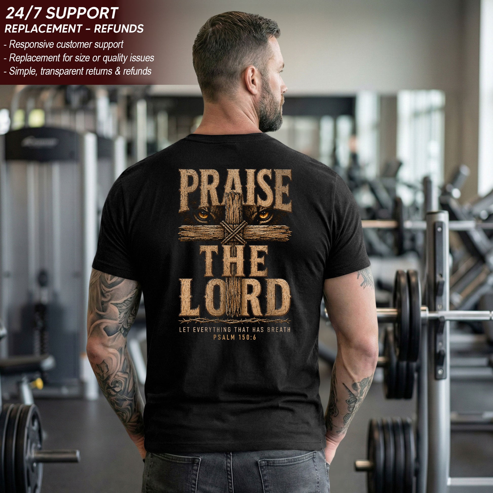 Praise The Lord Shirt Lion Of Judah Wooden Cross Christian Psalm 150 6 Faith Graphic Tee - Rust Field Wear