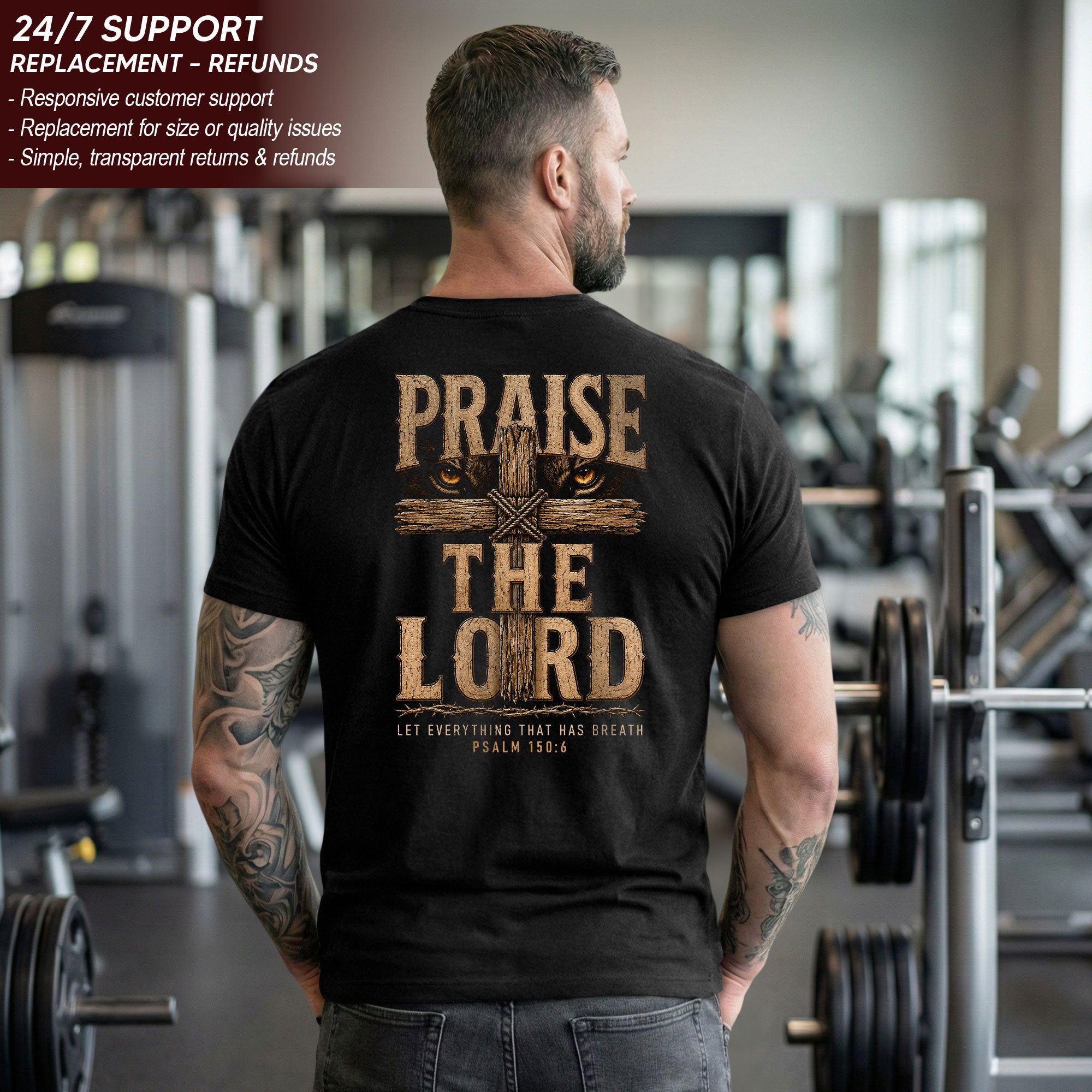 Praise The Lord Shirt Lion Of Judah Wooden Cross Christian Psalm 150 6 Faith Graphic Tee - Rust Field Wear