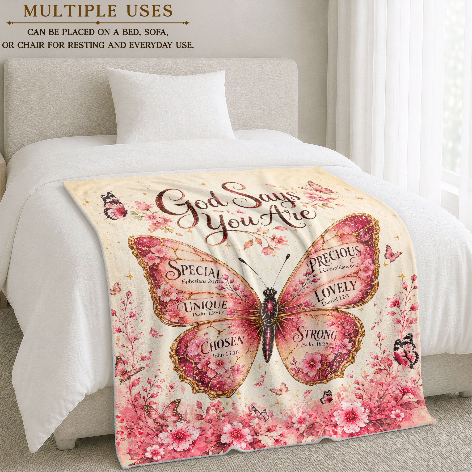 God Says You Are Pink Butterfly Blanket with Bible Verses Christian Floral Faith