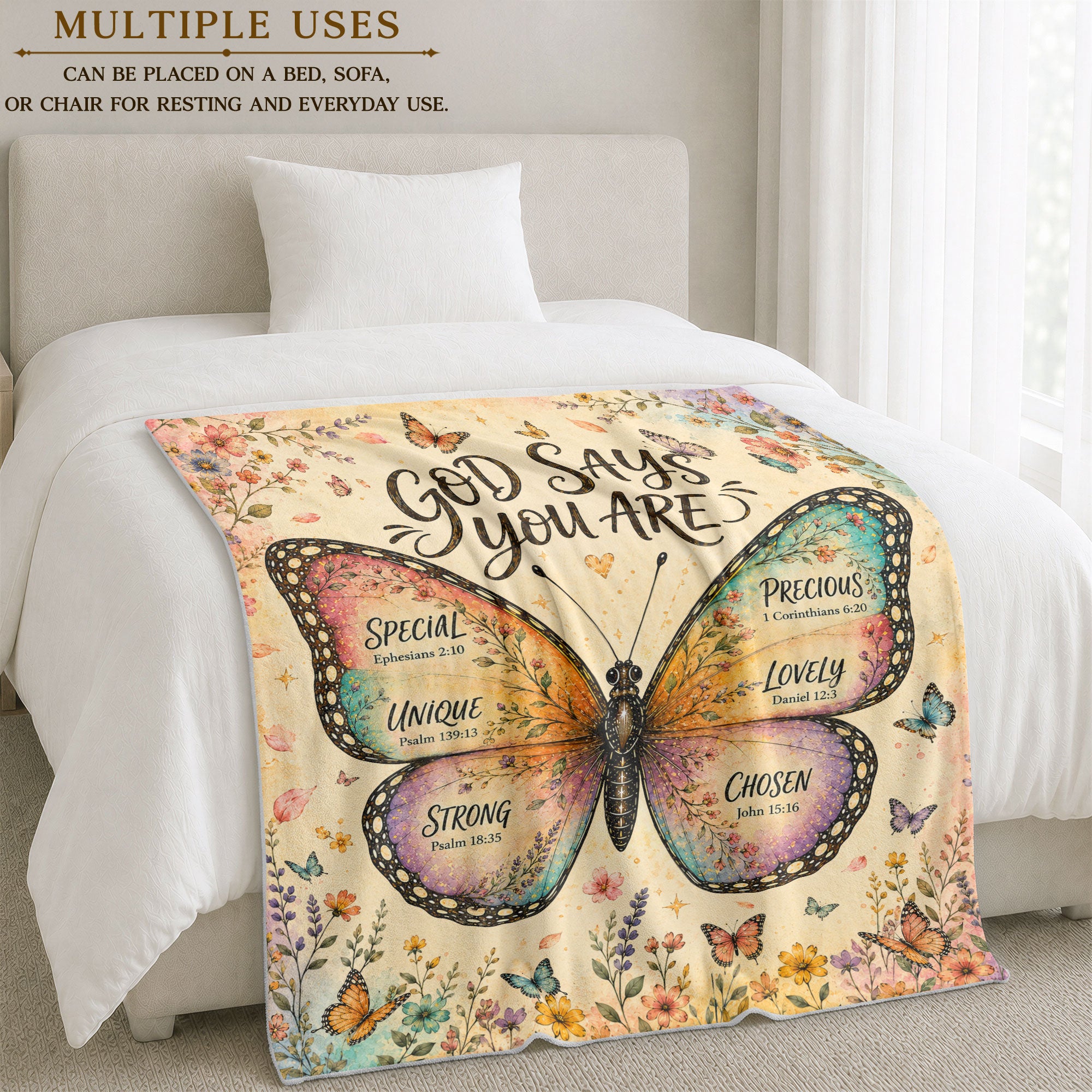 God Says You Are Butterfly Blanket with Bible Verses Christian Floral Inspiration