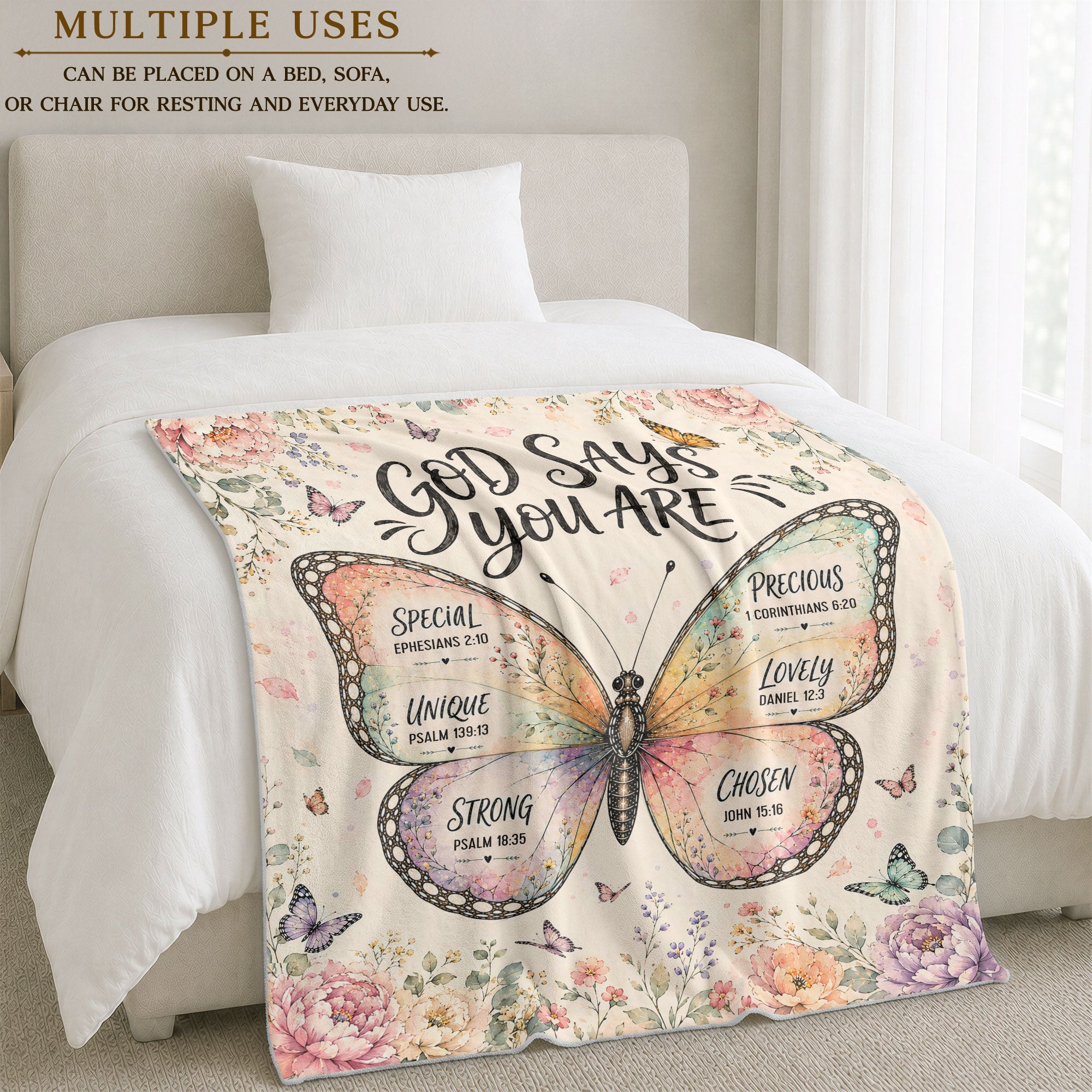 God Says You Are Butterfly Blanket with Bible Verses Christian Floral Faith Inspiration
