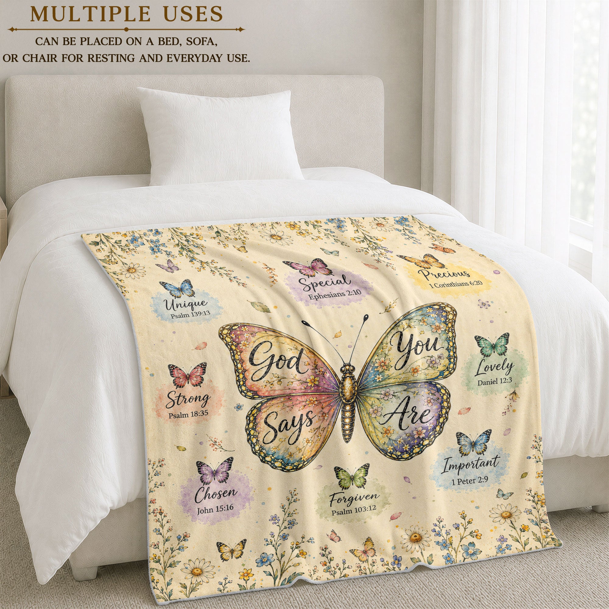 God Says You Are Butterfly Blanket with Bible Verses and Christian Floral Artwork