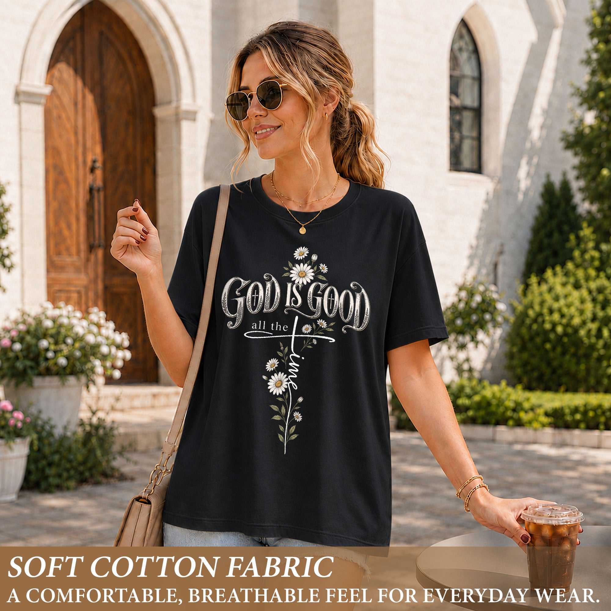 God Is Good Shirt Christian Floral Daisy Cross Bible Verse Women Faith Graphic T-Shirt