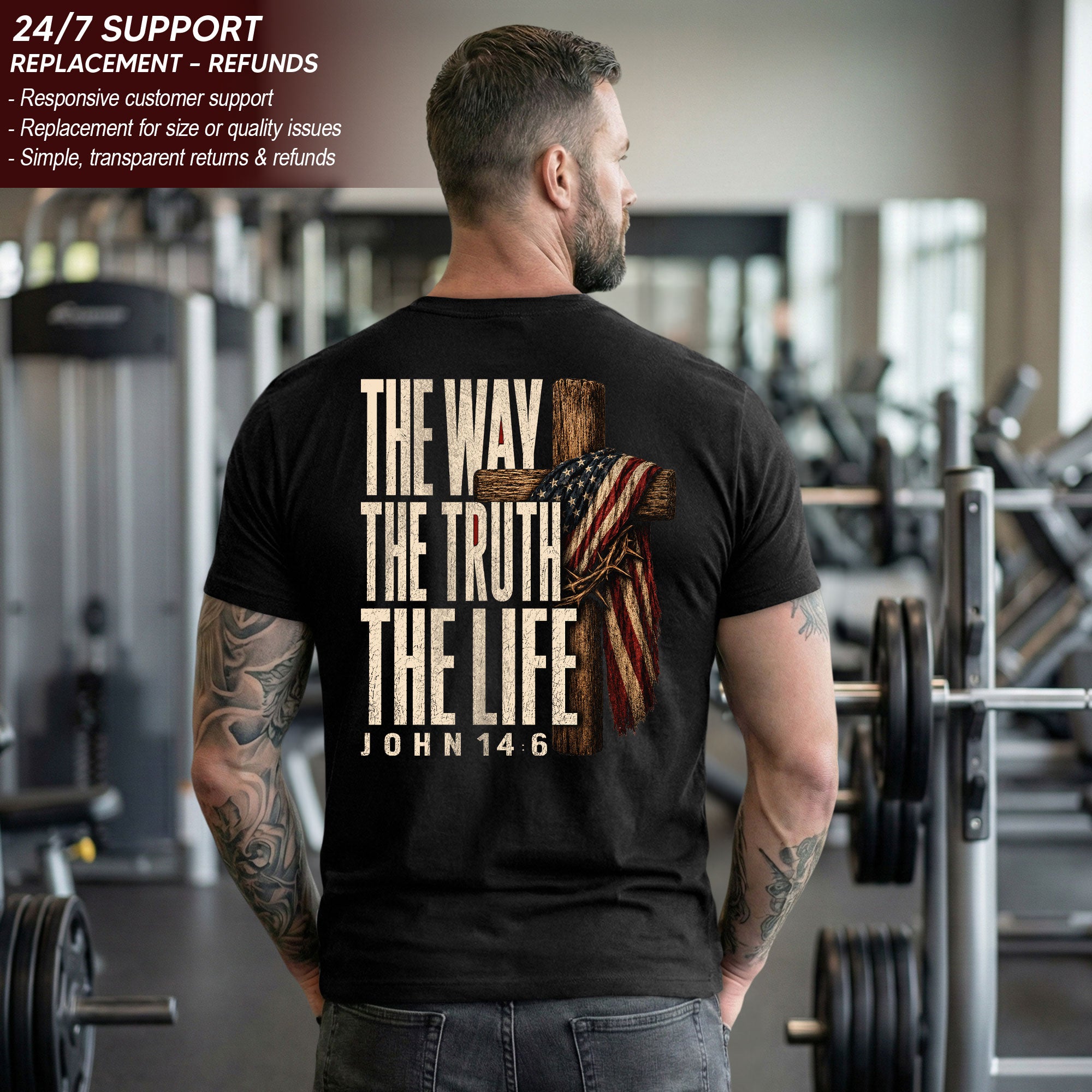 The Way The Truth The Life Christian T Shirt with American Flag Cross and Crown of Thorns