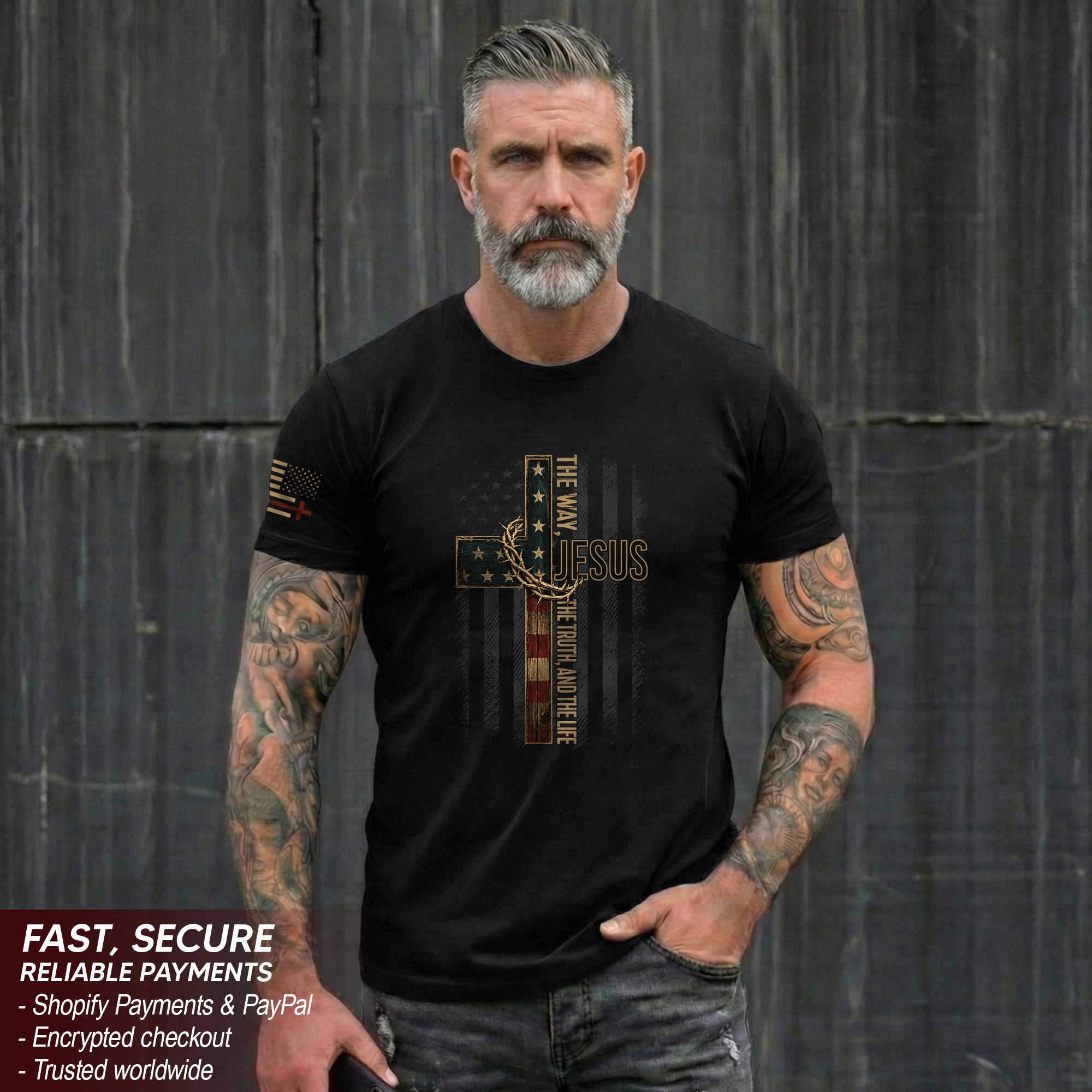 Jesus The Way The Truth And The Life American Flag Cross Crown Of Thorns T Shirt Men