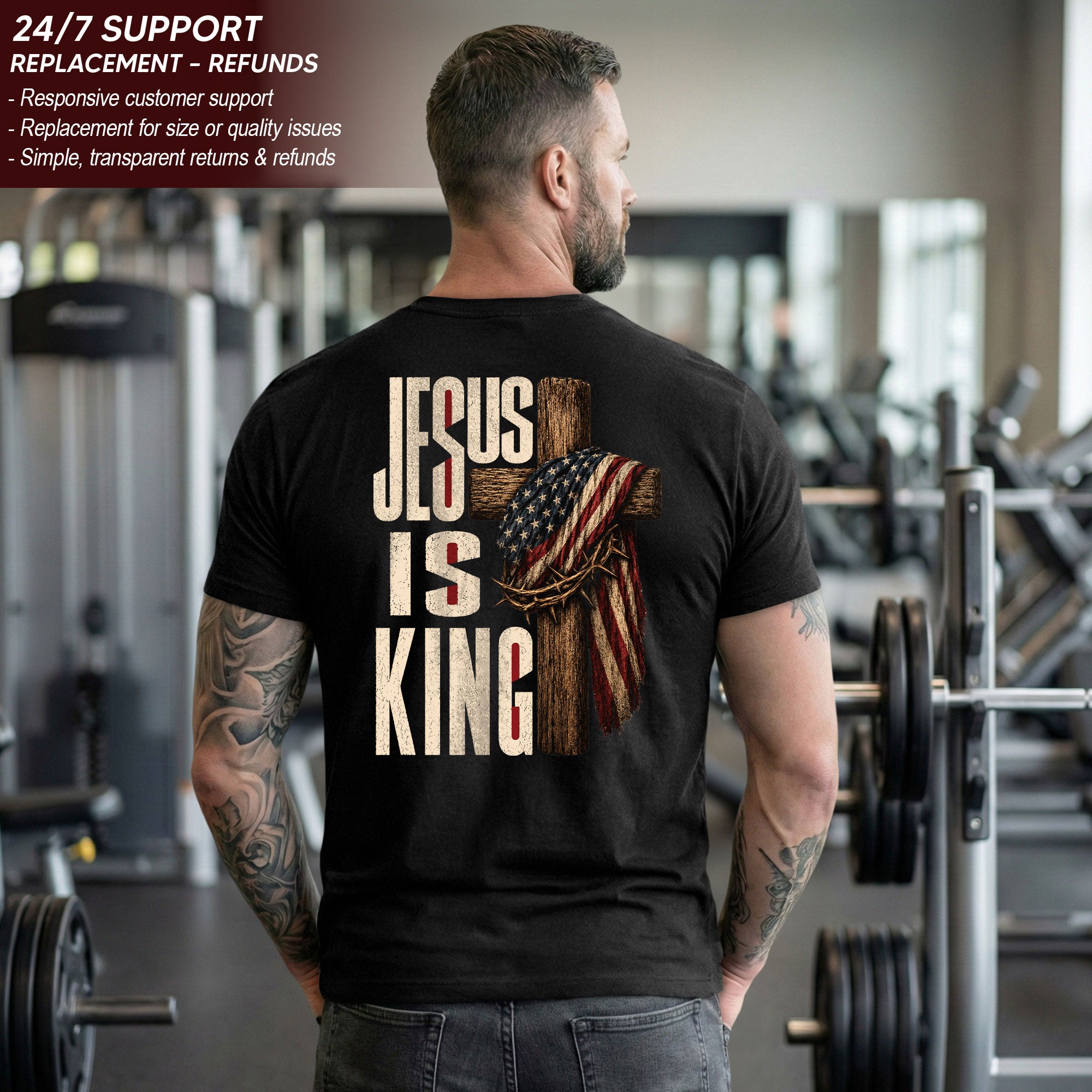 Jesus Is King Shirt Patriotic Christian Men Shirt Wooden Cross American Flag Crown Of Thorns