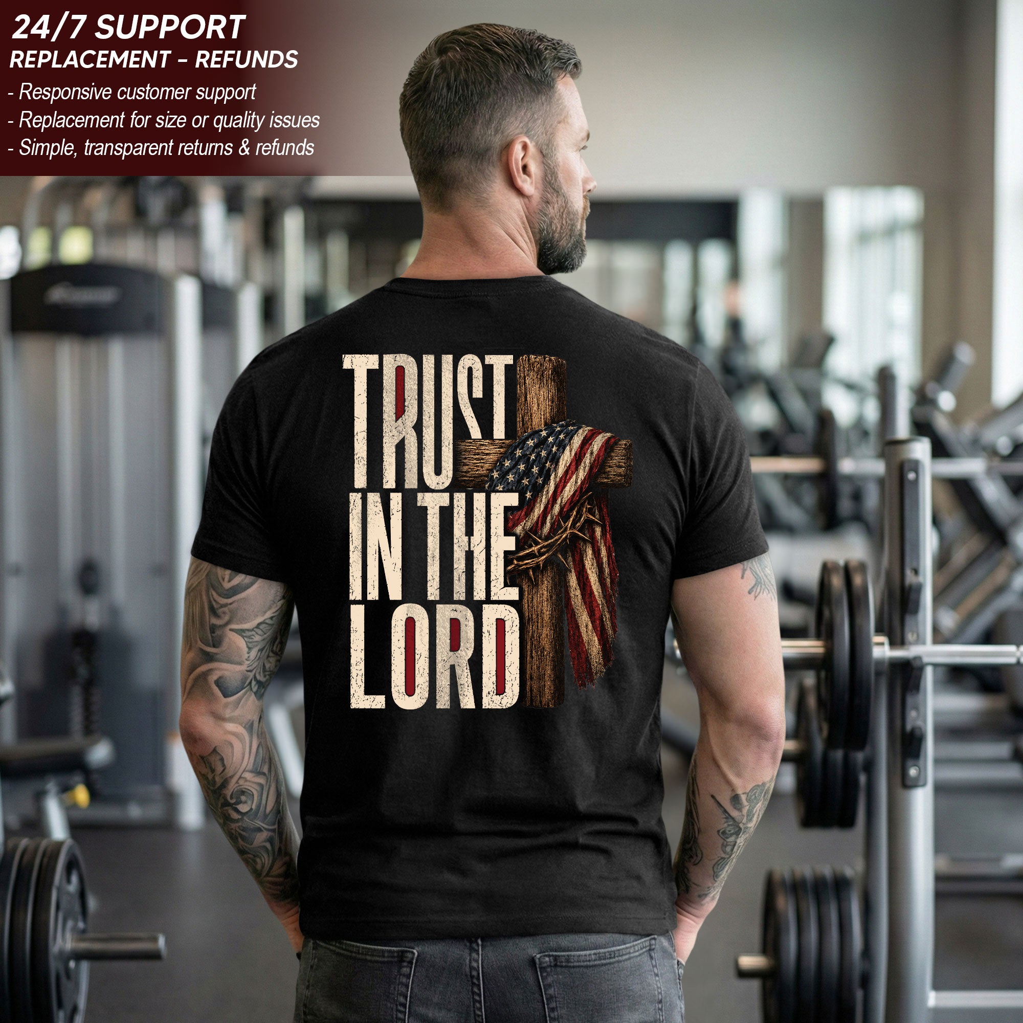 Trust In The Lord American Flag Cross Crown Of Thorns Christian Graphic T Shirt Men
