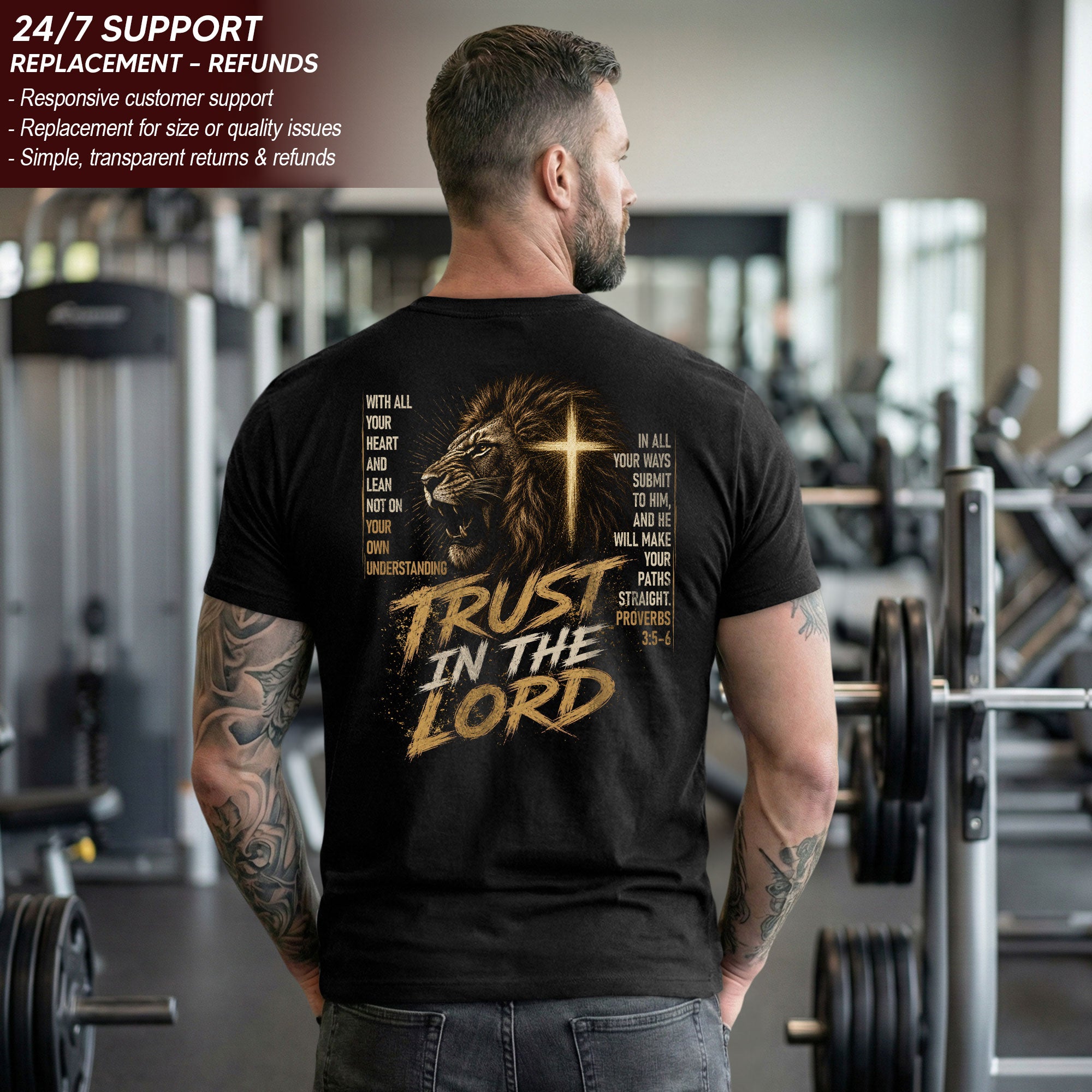 Trust In The Lord Lion Cross Scripture Christian Graphic Casual Crewneck Tee Shirt Men