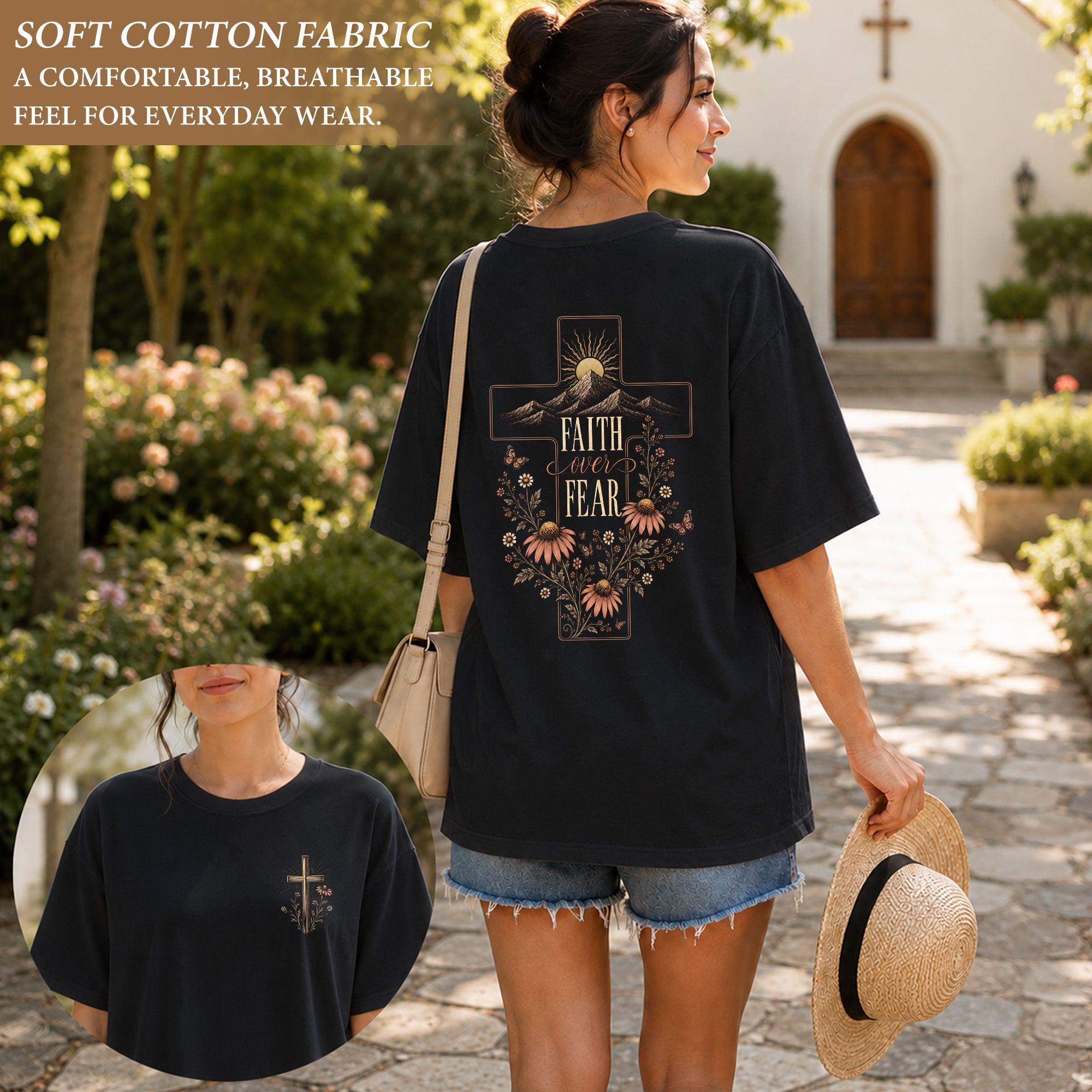 Faith Over Fear Mountain Cross Floral Christian Graphic Casual Crewneck Tee Women