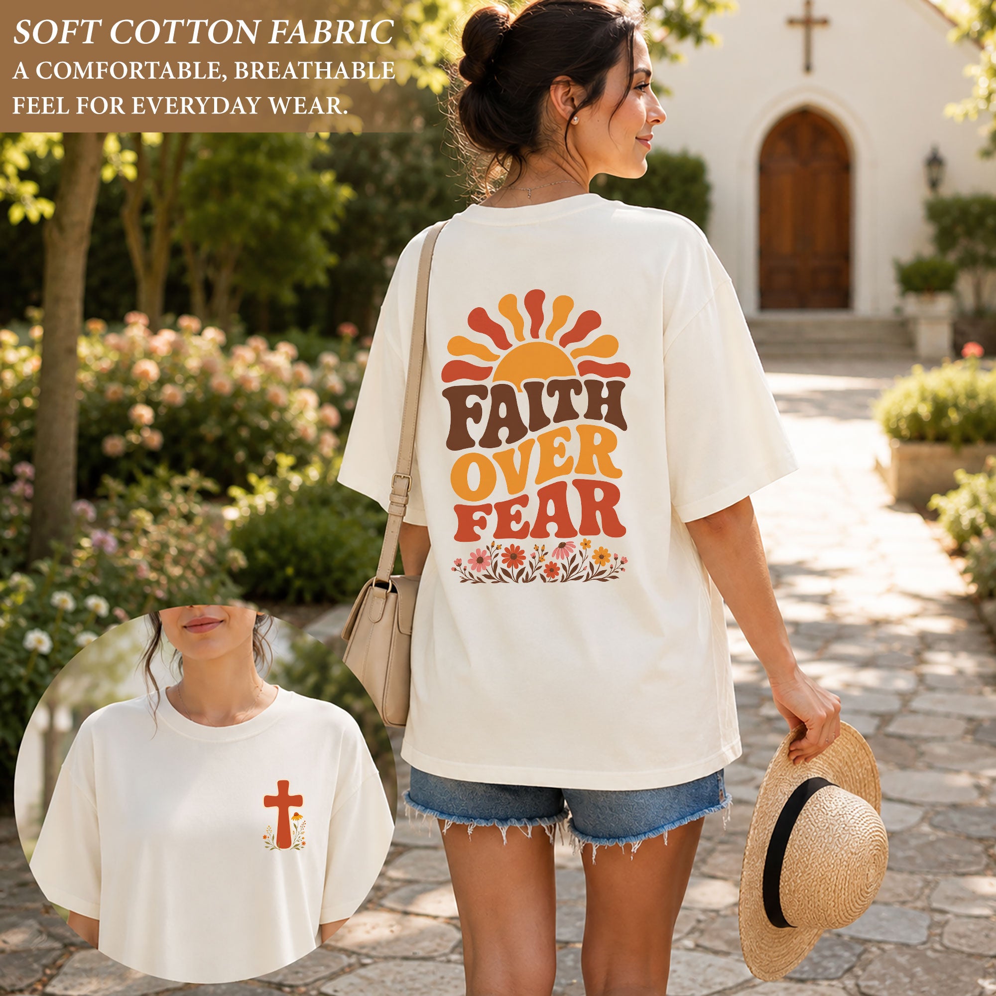 Faith Over Fear Retro Sun Floral Christian Graphic Casual Crewneck Tee Shirt Women