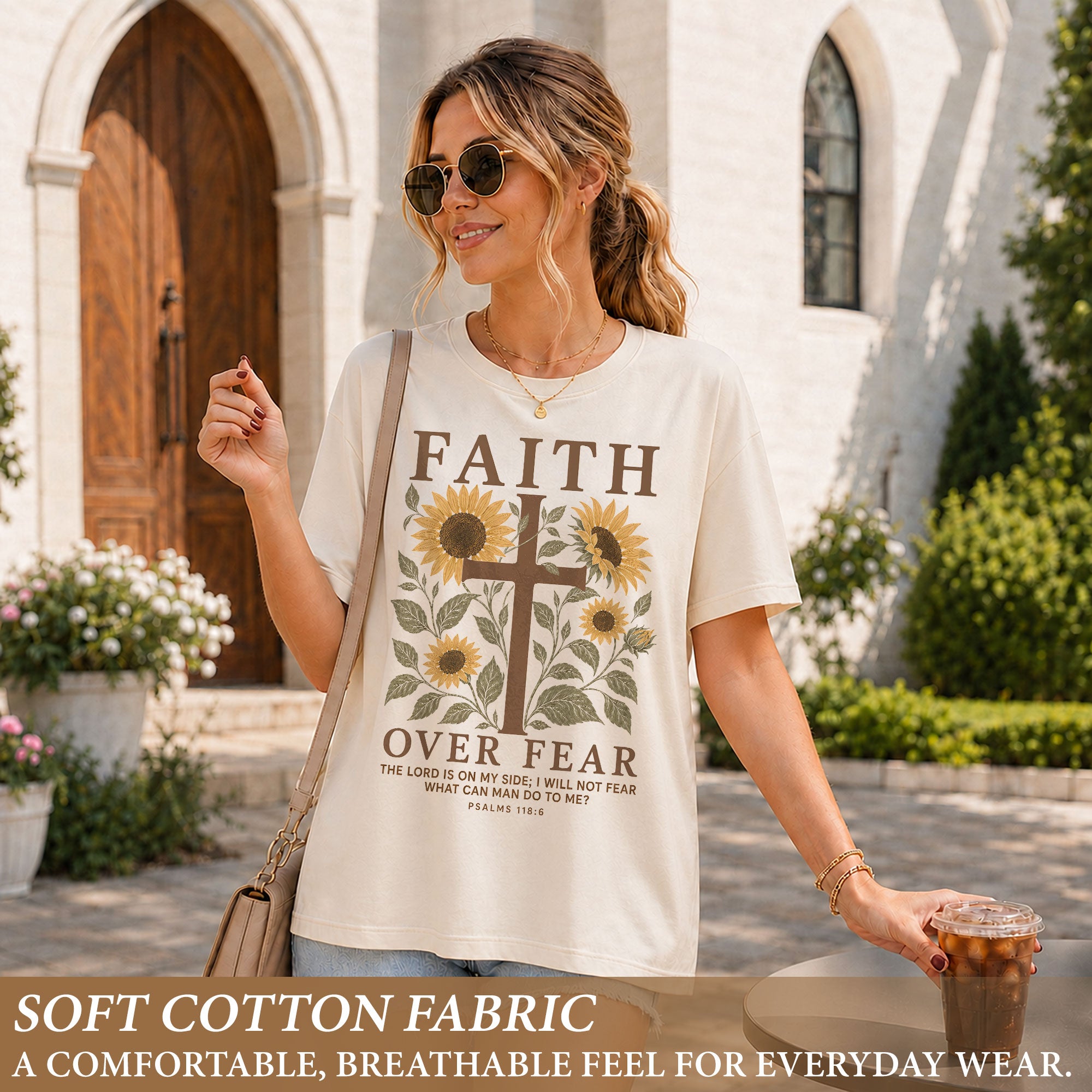 Faith Over Fear Shirt Christian Women Sunflower Cross Shirt Psalm 118 Bible Verse Floral Tee