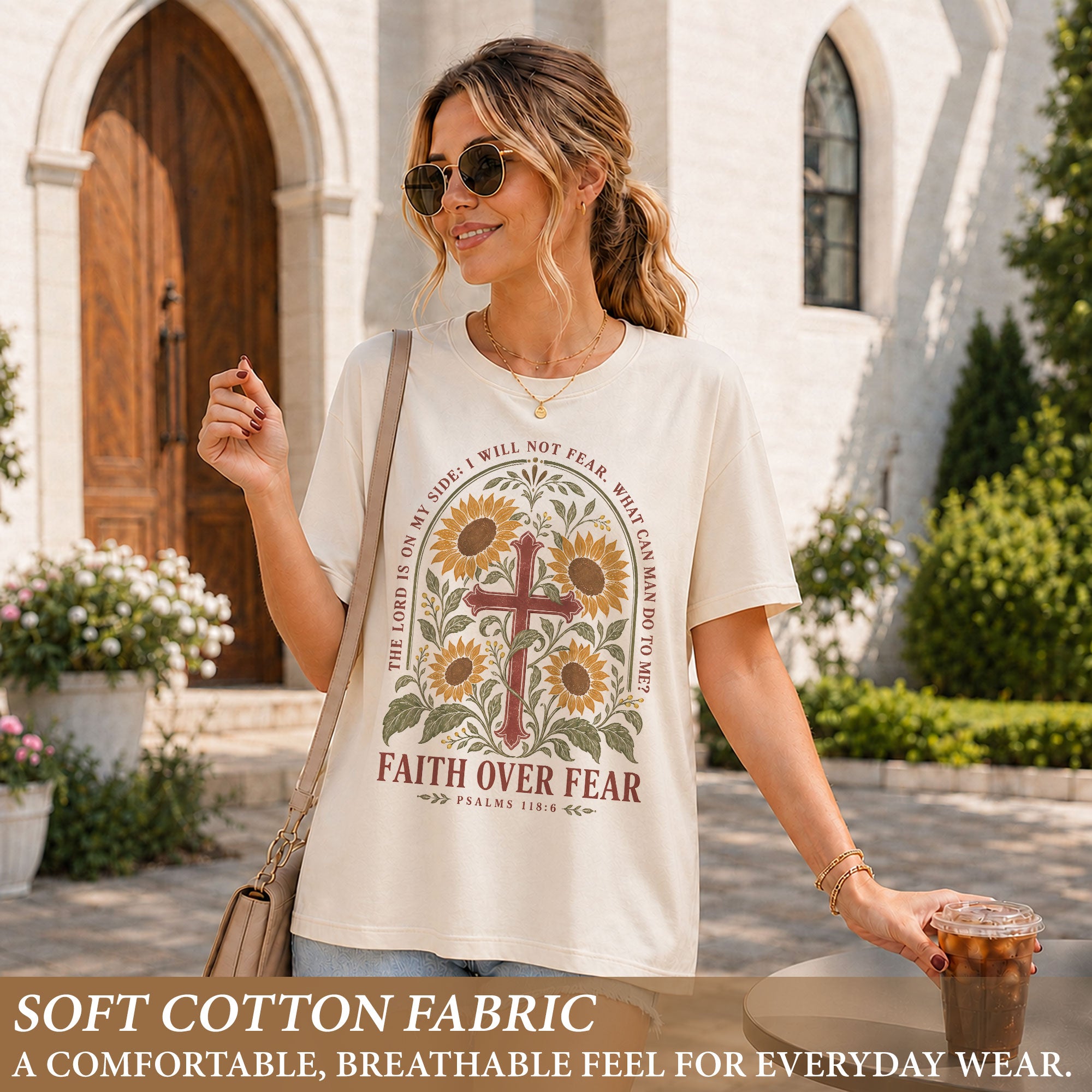 Faith Over Fear Shirt Women Sunflower Cross Christian Shirt Aesthetic Bible Verse Graphic