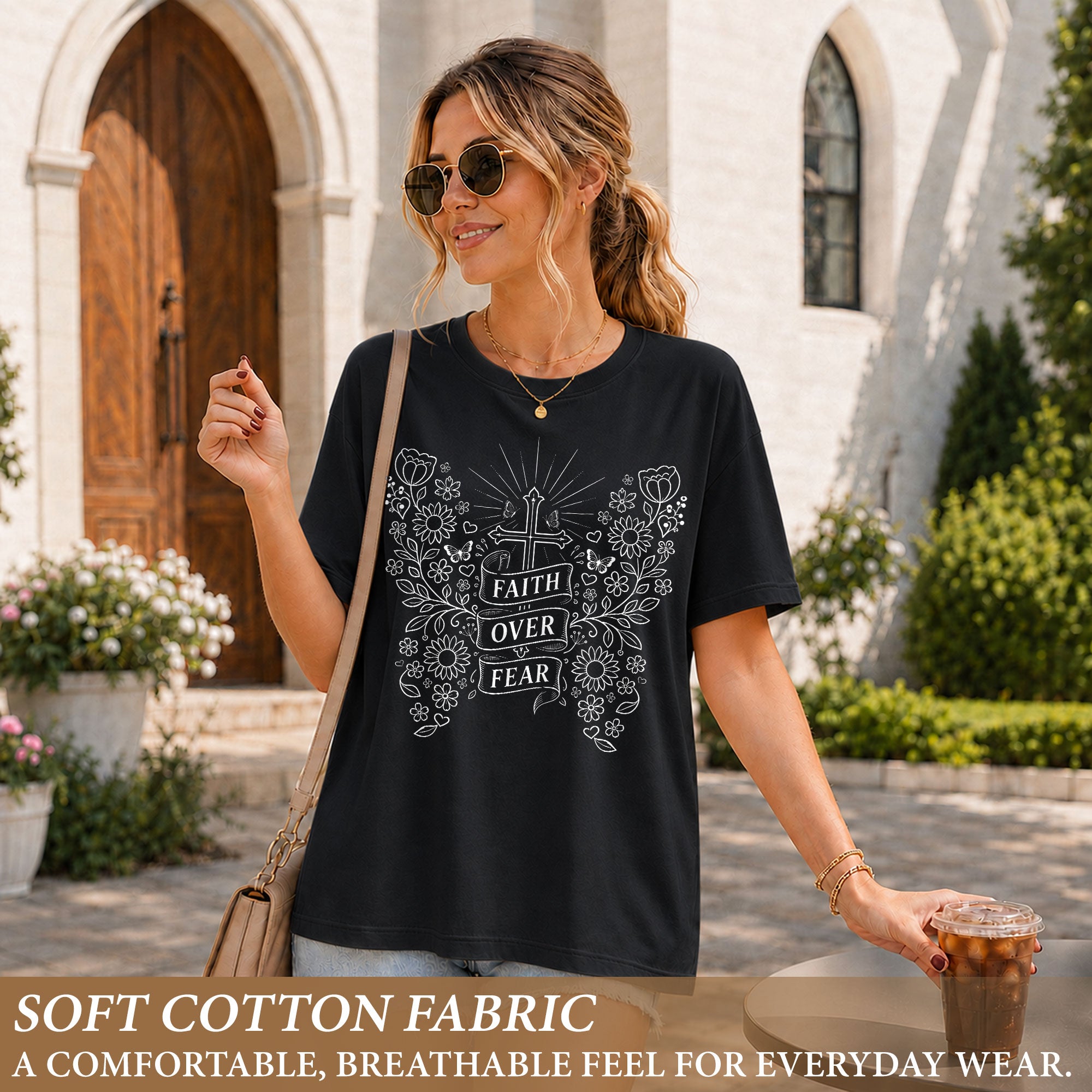 Faith Over Fear Shirt Christian Women Shirt Floral Butterfly Cross Aesthetic Jesus Tee