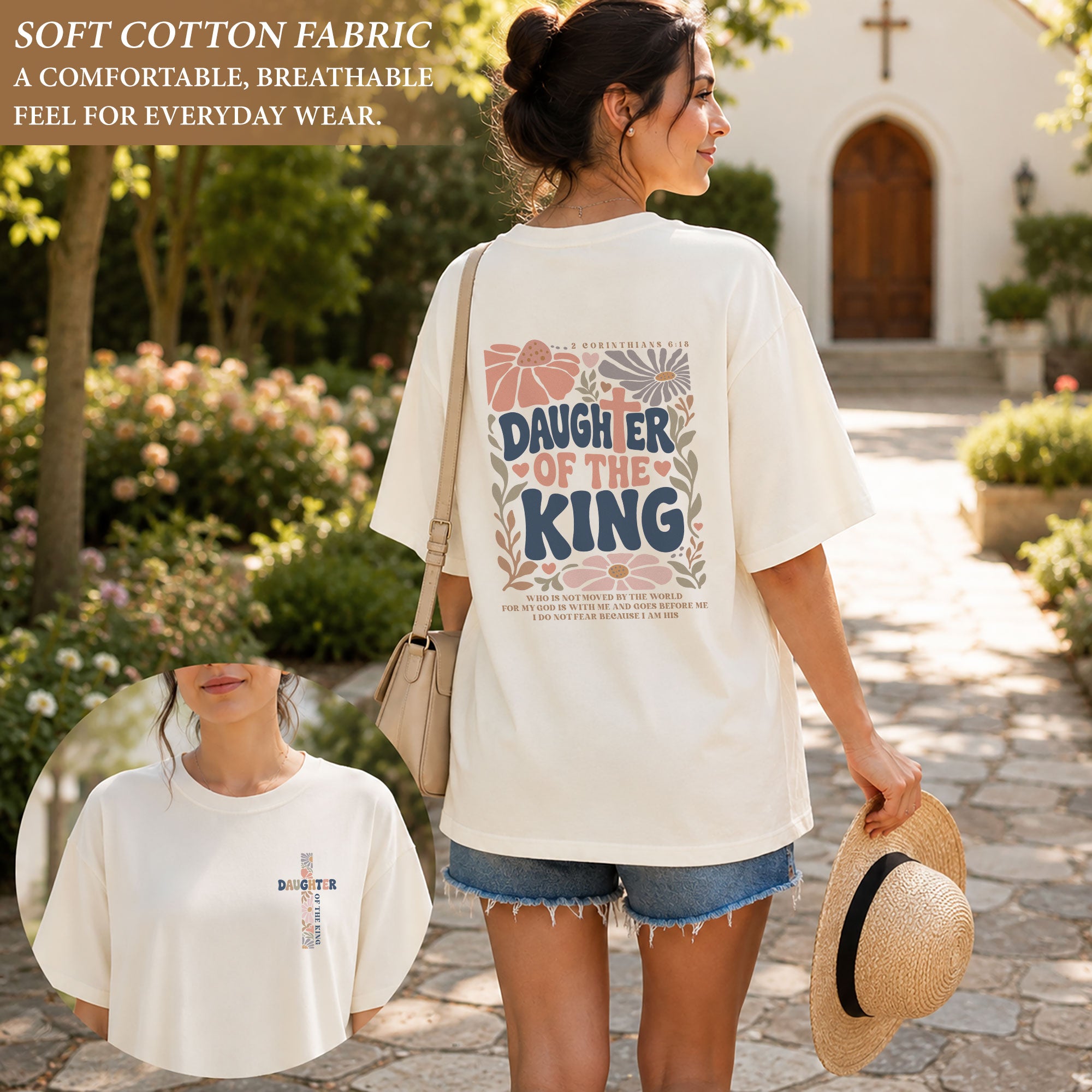 Daughter Of The King Retro Floral Cross Christian Graphic Everyday Tee Shirt Women