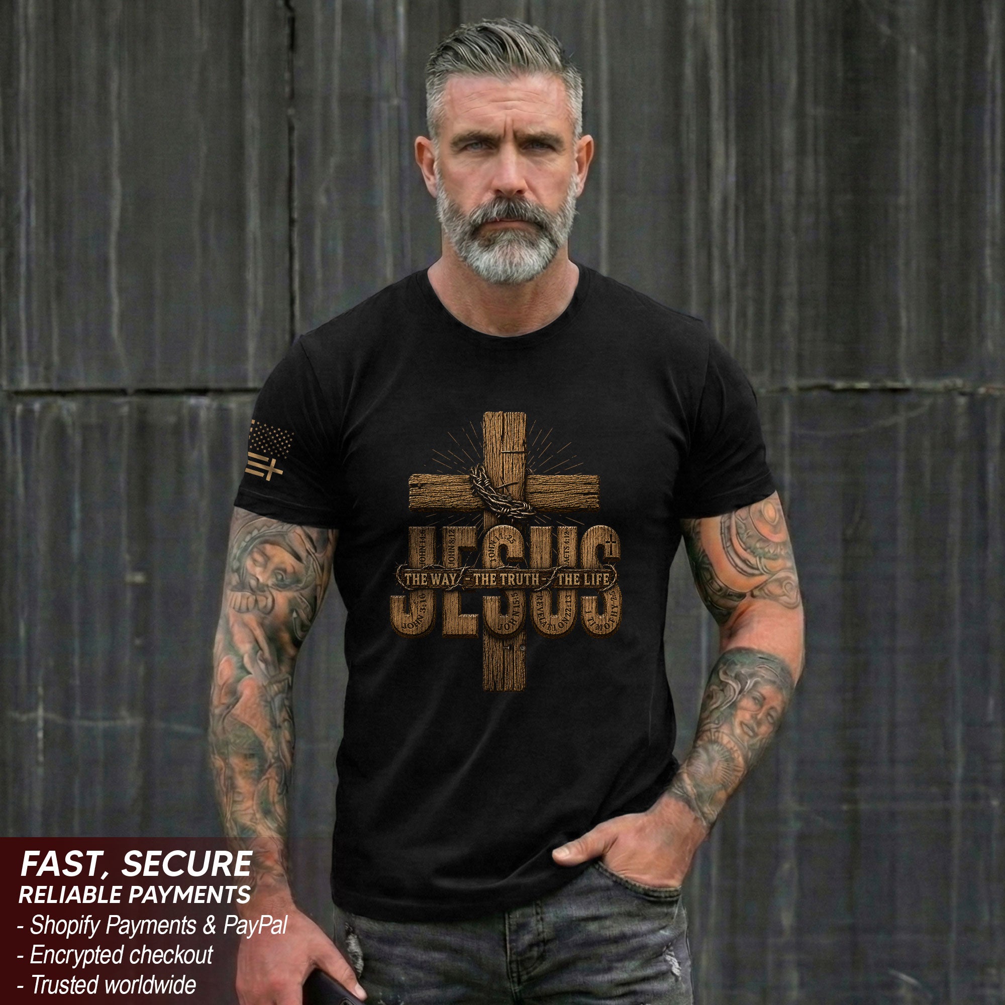 Jesus The Way The Truth The Life Wooden Cross Scripture Christian Graphic Tee Men