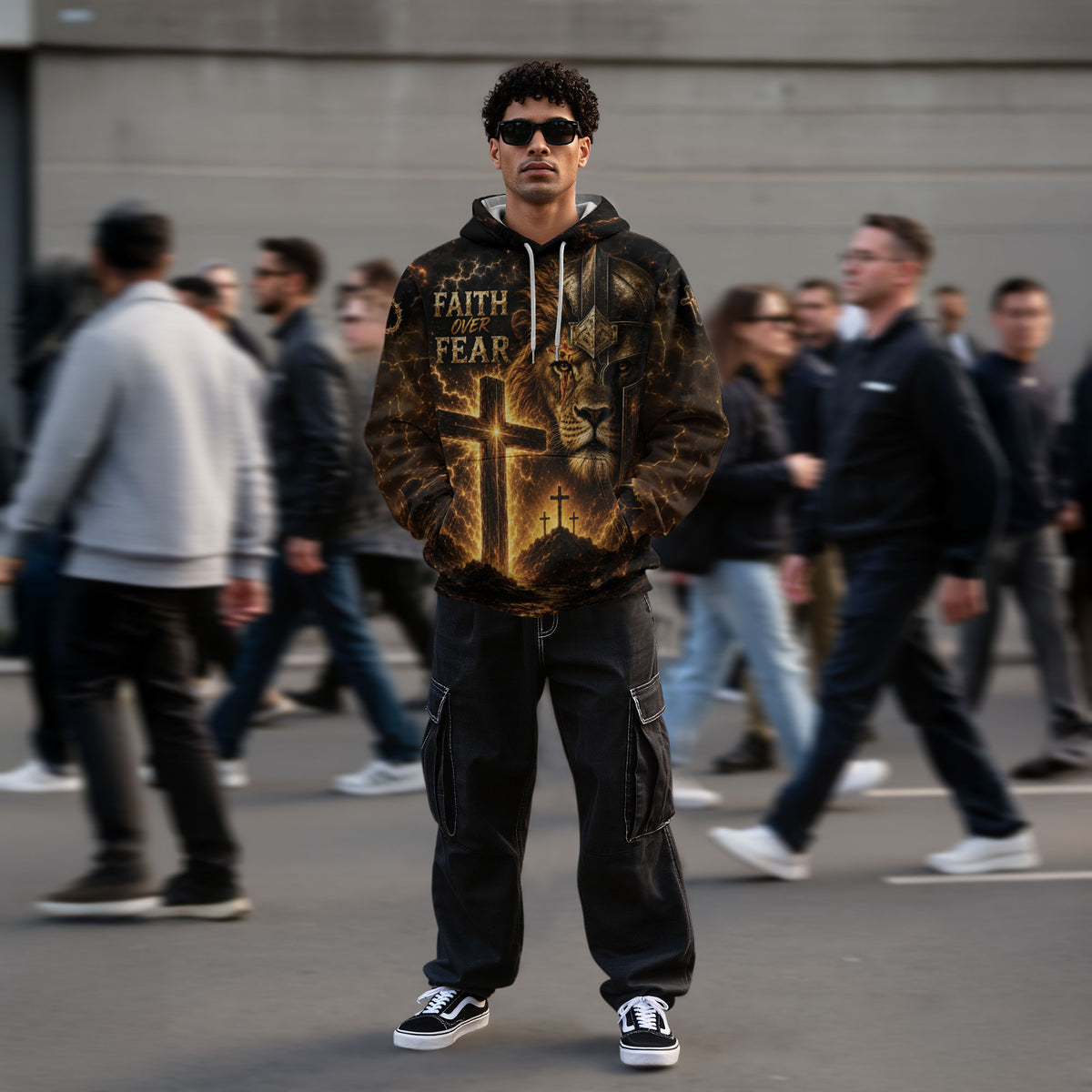 Faith Over Fear 3D Hoodie Lion Christian Cross Warrior Helmet Pullover - Rust Field Wear