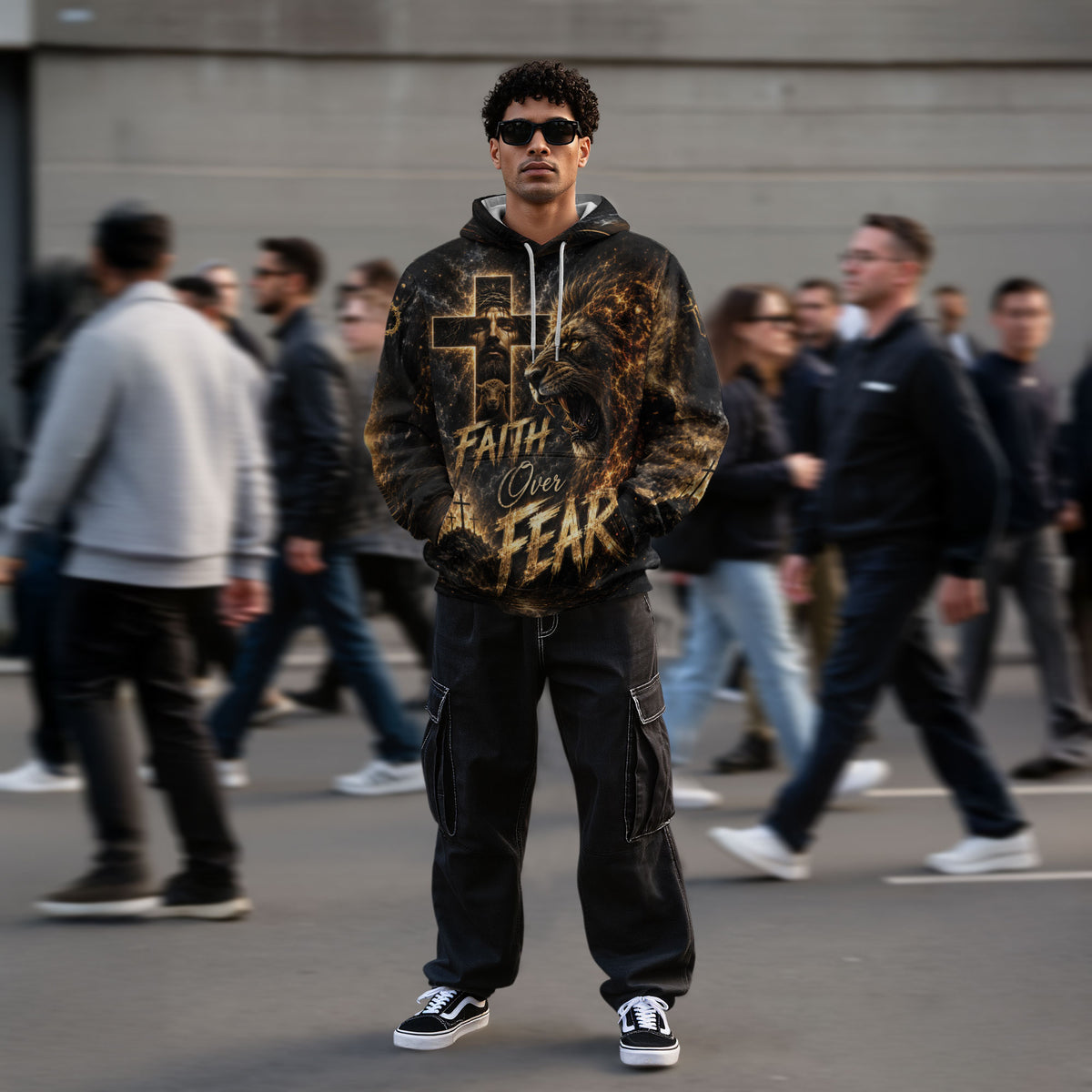 Faith Over Fear 3D Hoodie Jesus Lion Christian Cross Lamb Graphic Pullover - Rust Field Wear