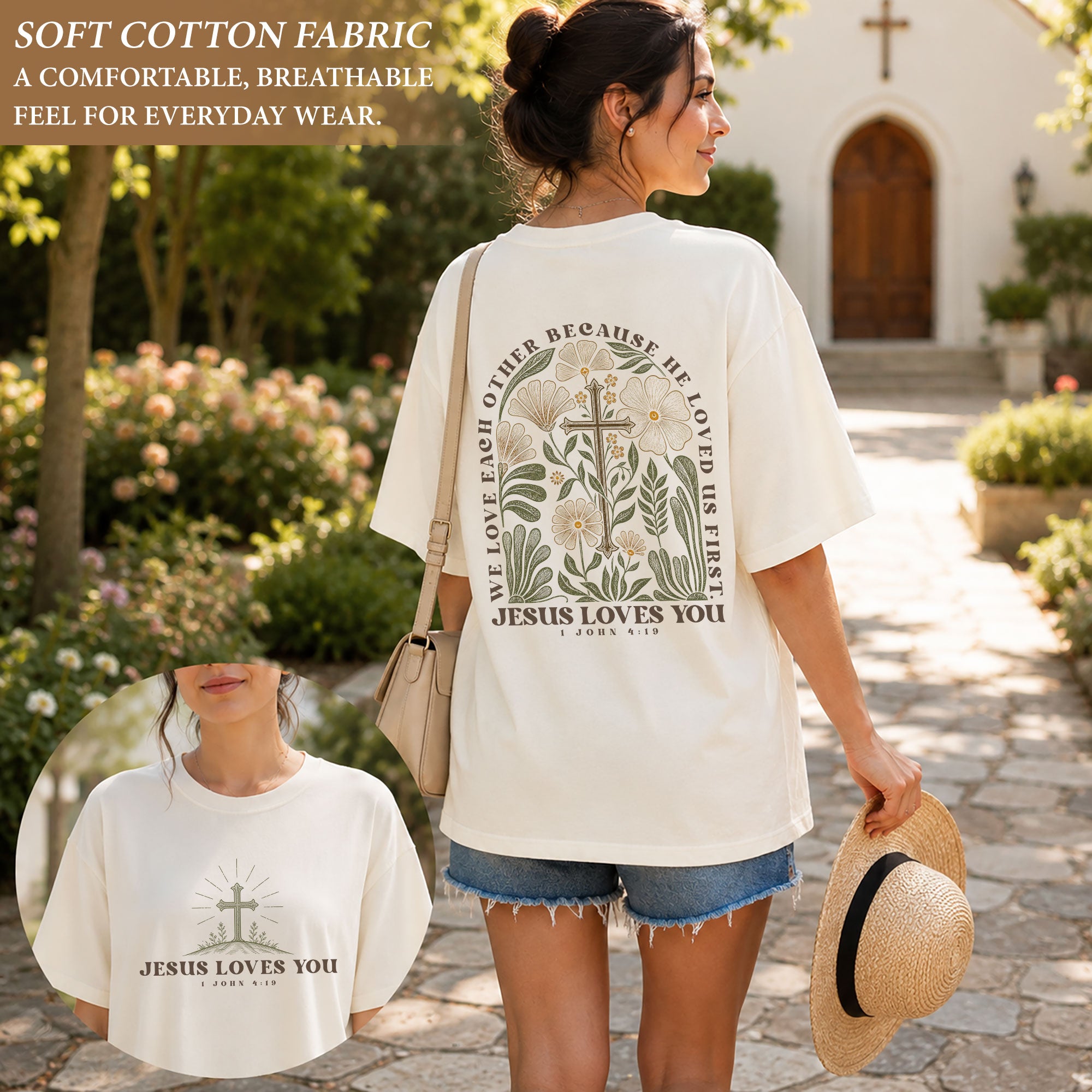 Jesus Loves You 1 John 4 19 Cross Floral Christian Graphic Casual Tee Shirt Women