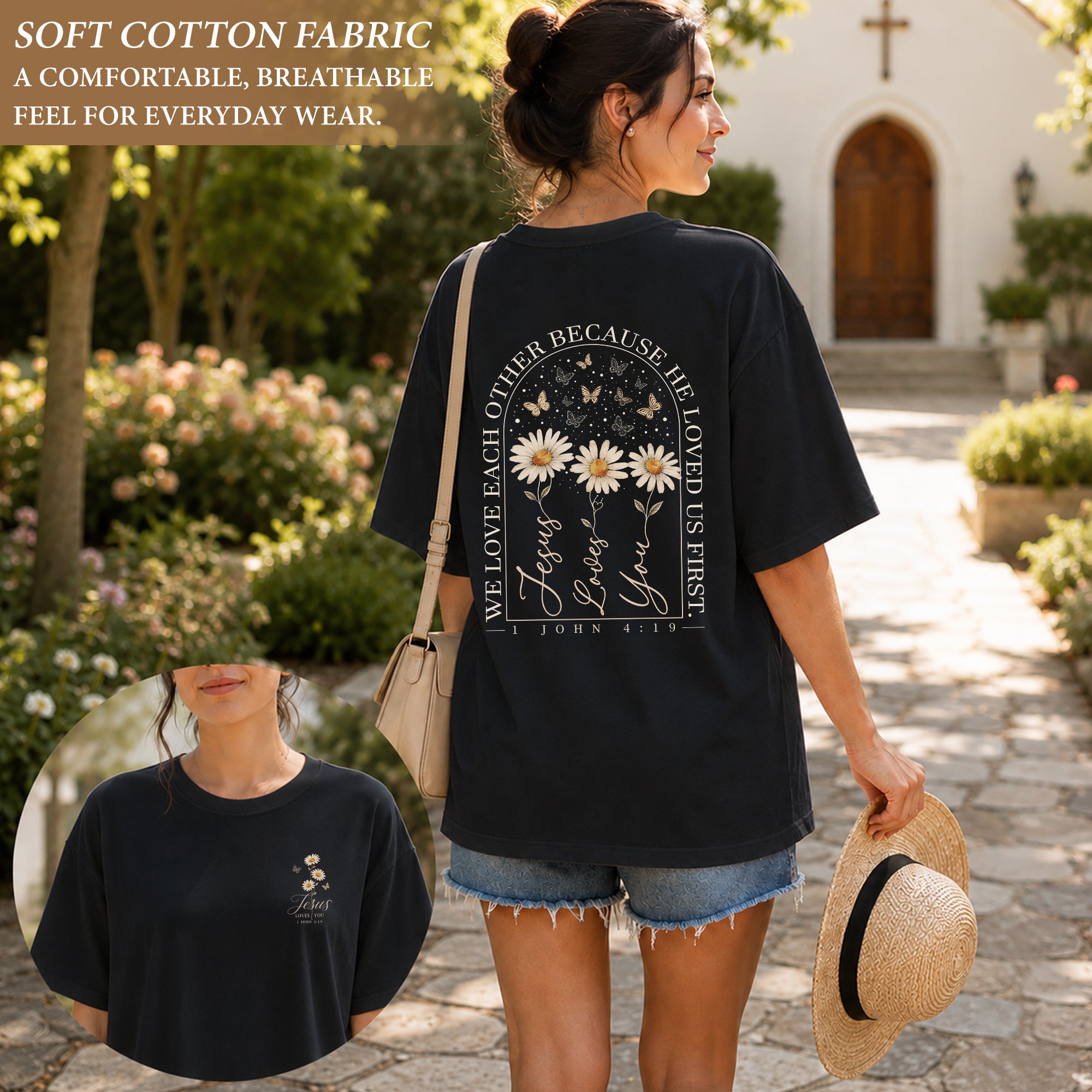Jesus Loves You Daisy Butterfly Floral Christian Graphic Casual Basic Tee Shirt Women