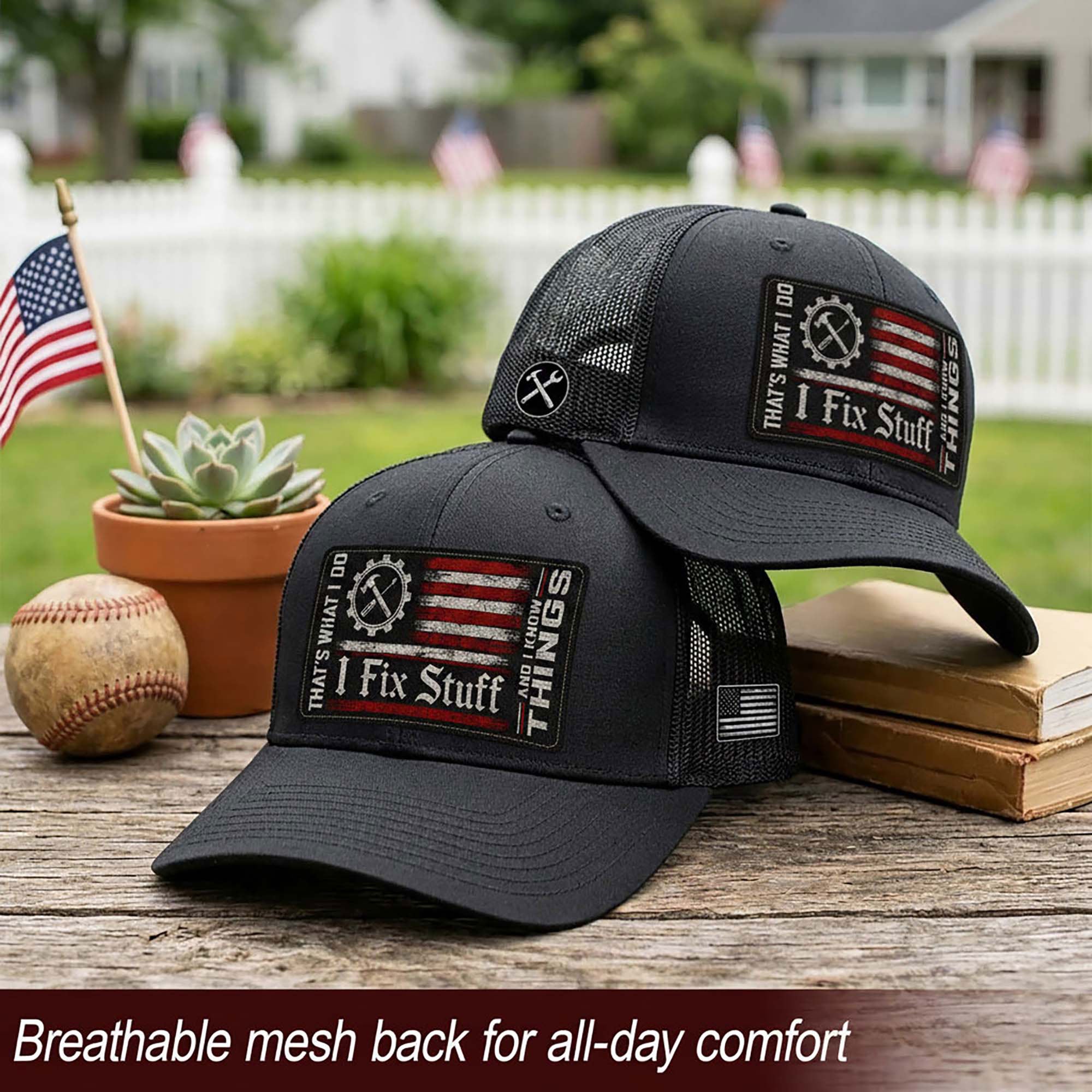 I Fix Stuff Mechanic American Flag Patch Trucker Hat Cool Handyman Dad Gift Idea