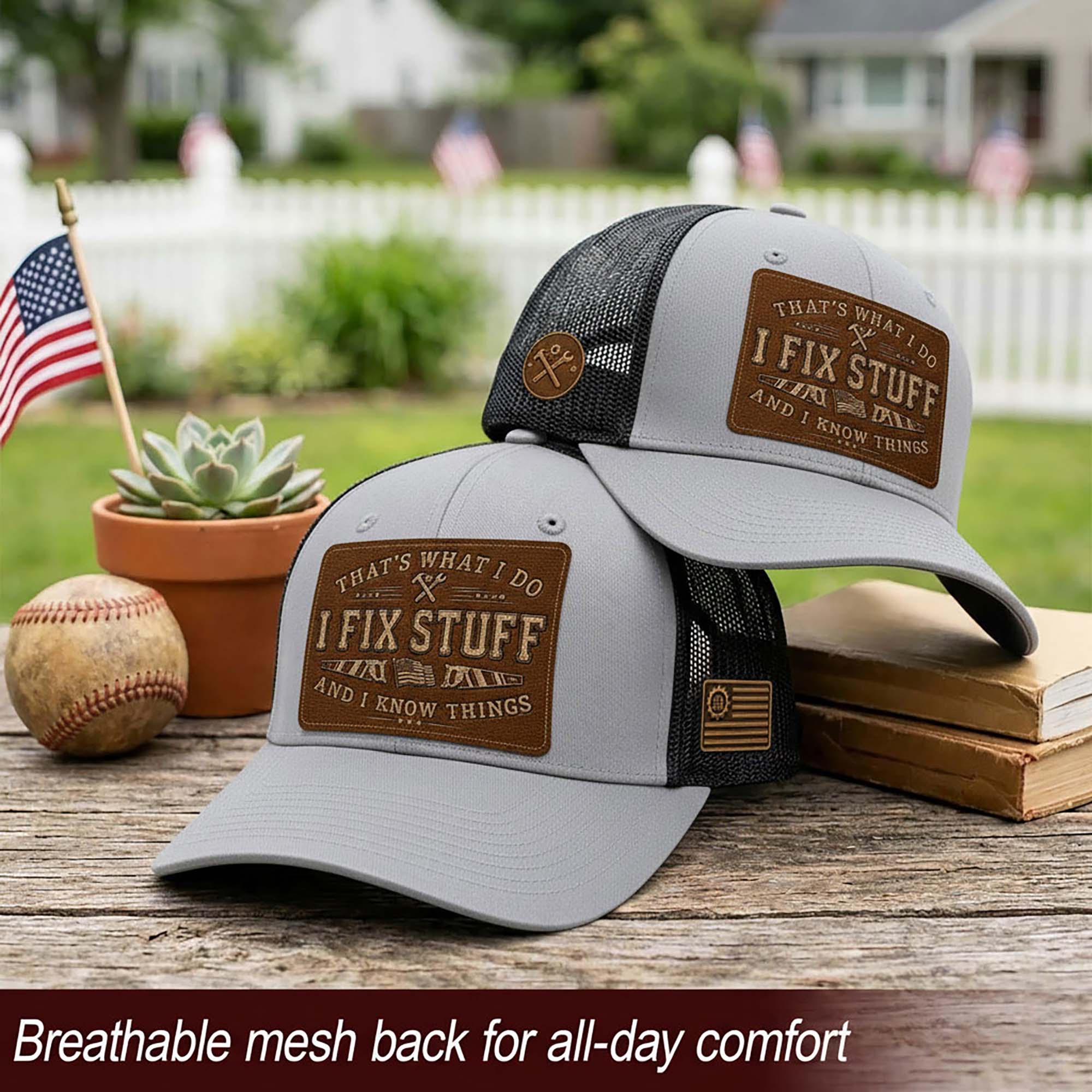 That's What I Do I Fix Stuff Leather Patch Gray Trucker Hat Cool Handyman Gift Idea