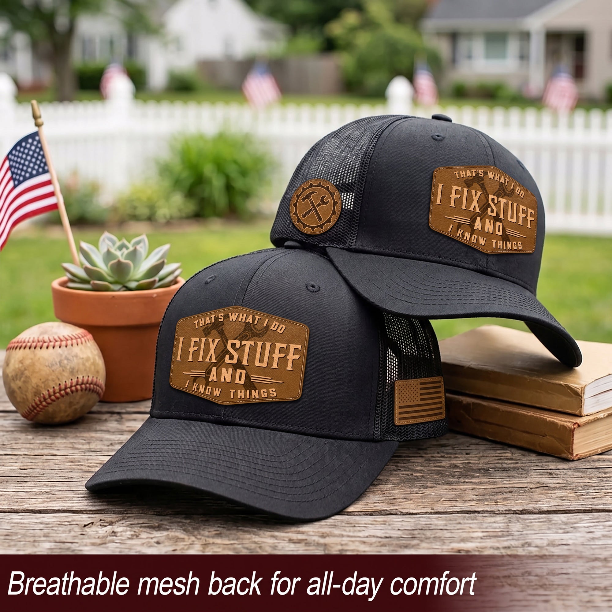 Black I Fix Stuff And I Know Things Hexagon Laser Engraved Leather Patch Trucker Hat - Rust Field Wear